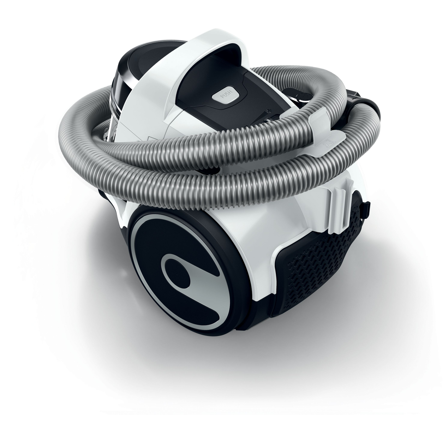 White vacuum cleaner with silver hose wrapped around it. Foreground: vacuum. Background: white.
