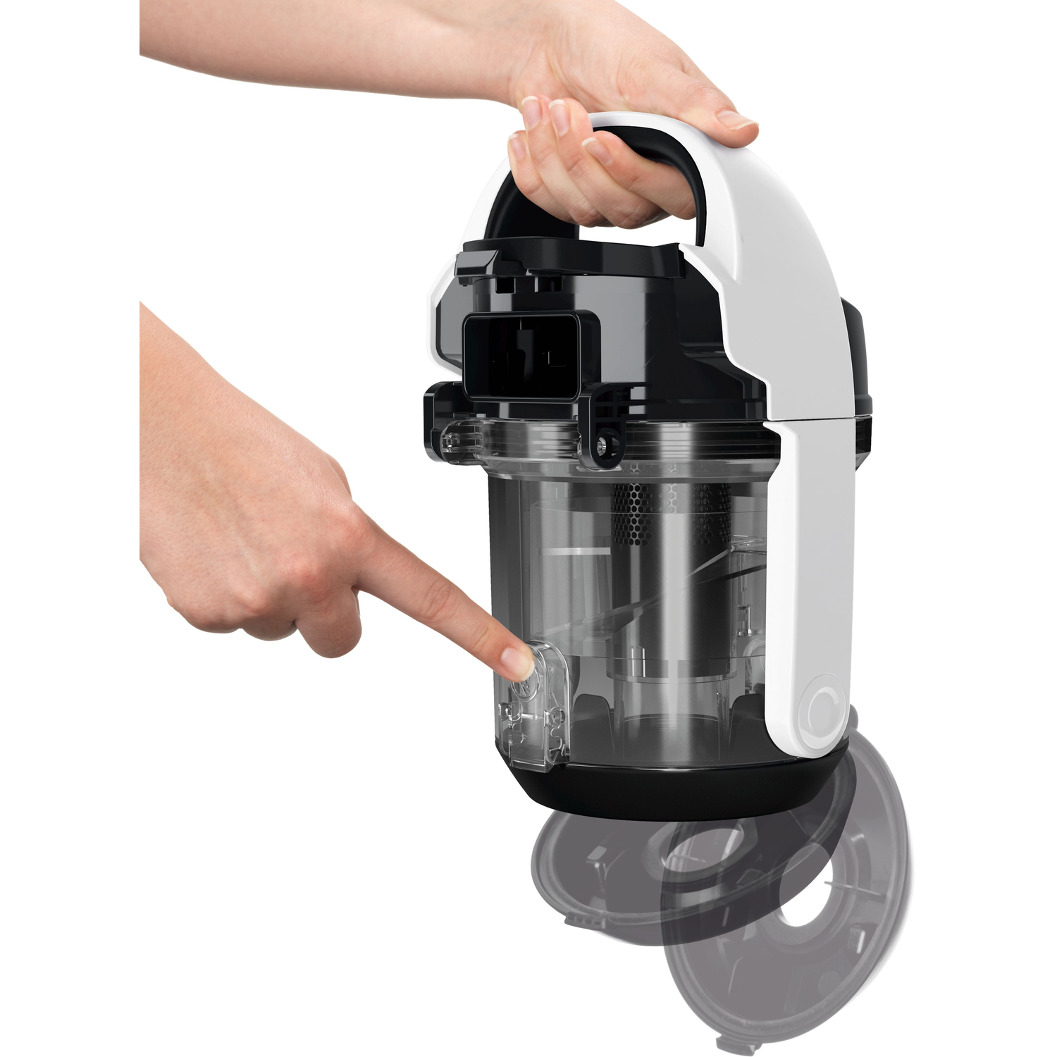 Hand holding a cordless vacuum cleaner. The finger is pointing at the dustbin.