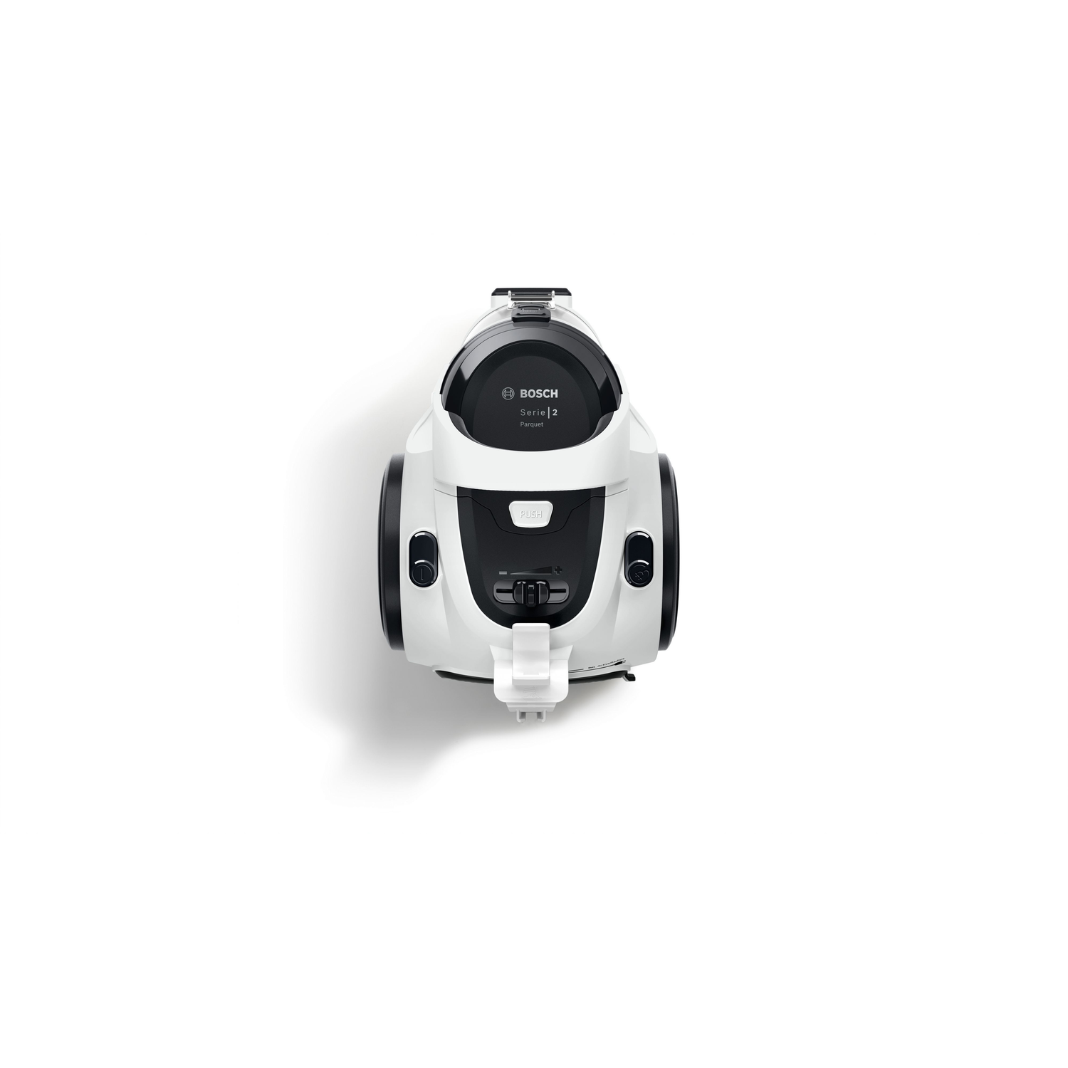 A white vacuum cleaner, seen from above, on a white background.  It has black accents.