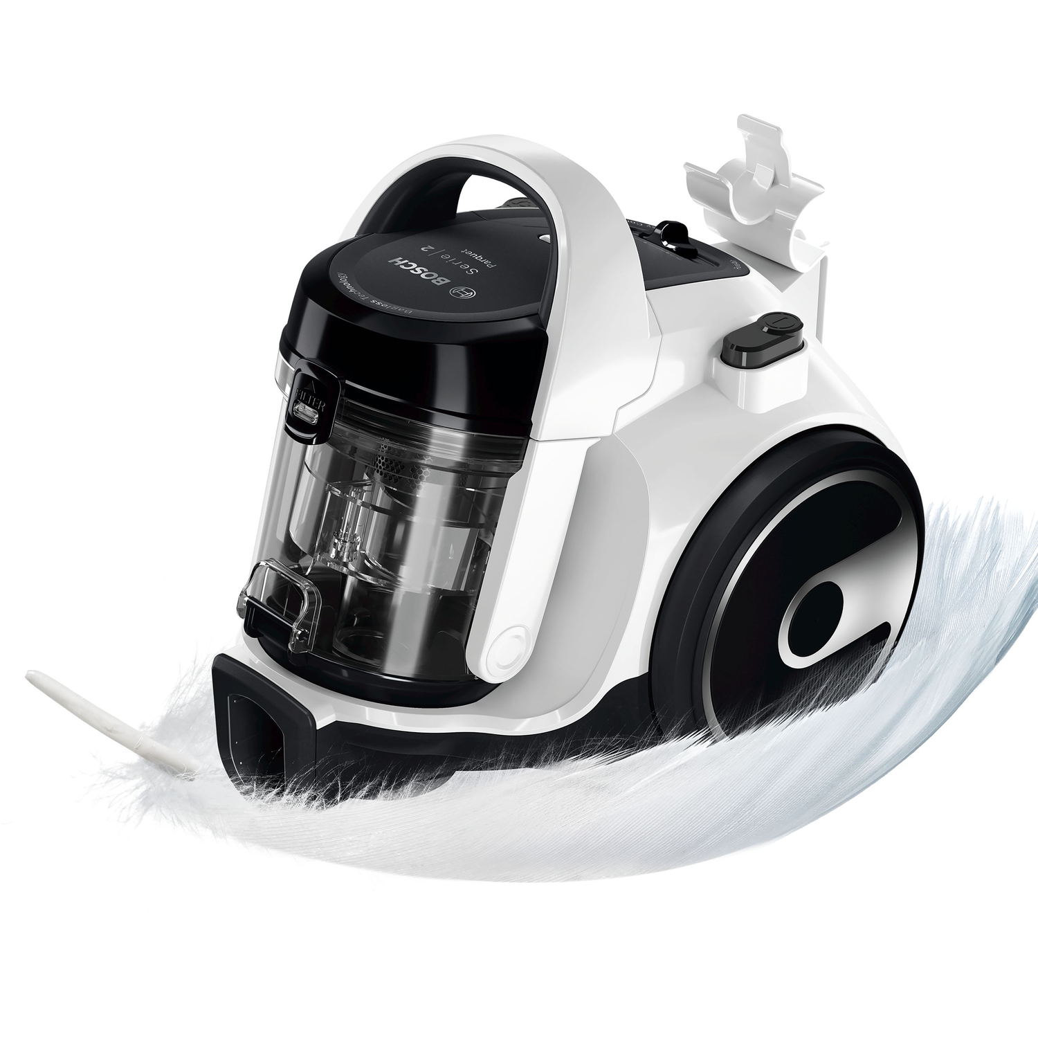 White and black vacuum cleaner on a feather. The vacuum cleaner is on white.
