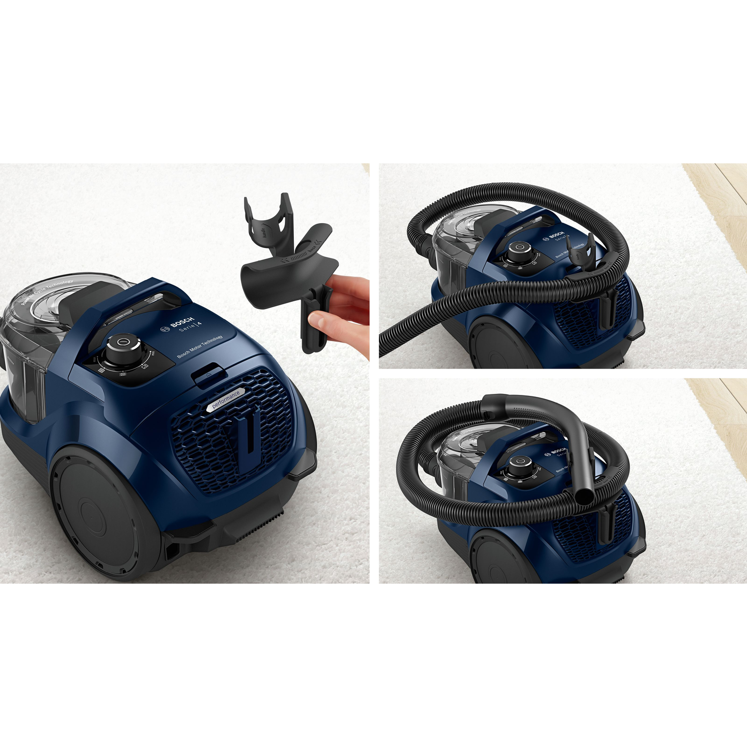A Bosch vacuum cleaner. It is dark blue. The images show the different accessories and how to connect them.