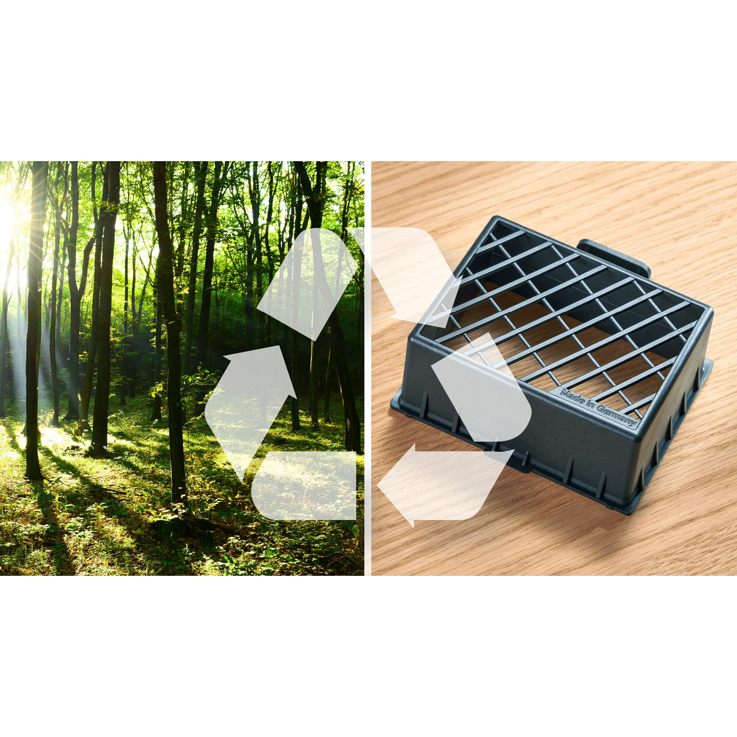 Forest scene with sunlit trees, recycle symbol overlayed.  Gray paint tray with recycle symbol.