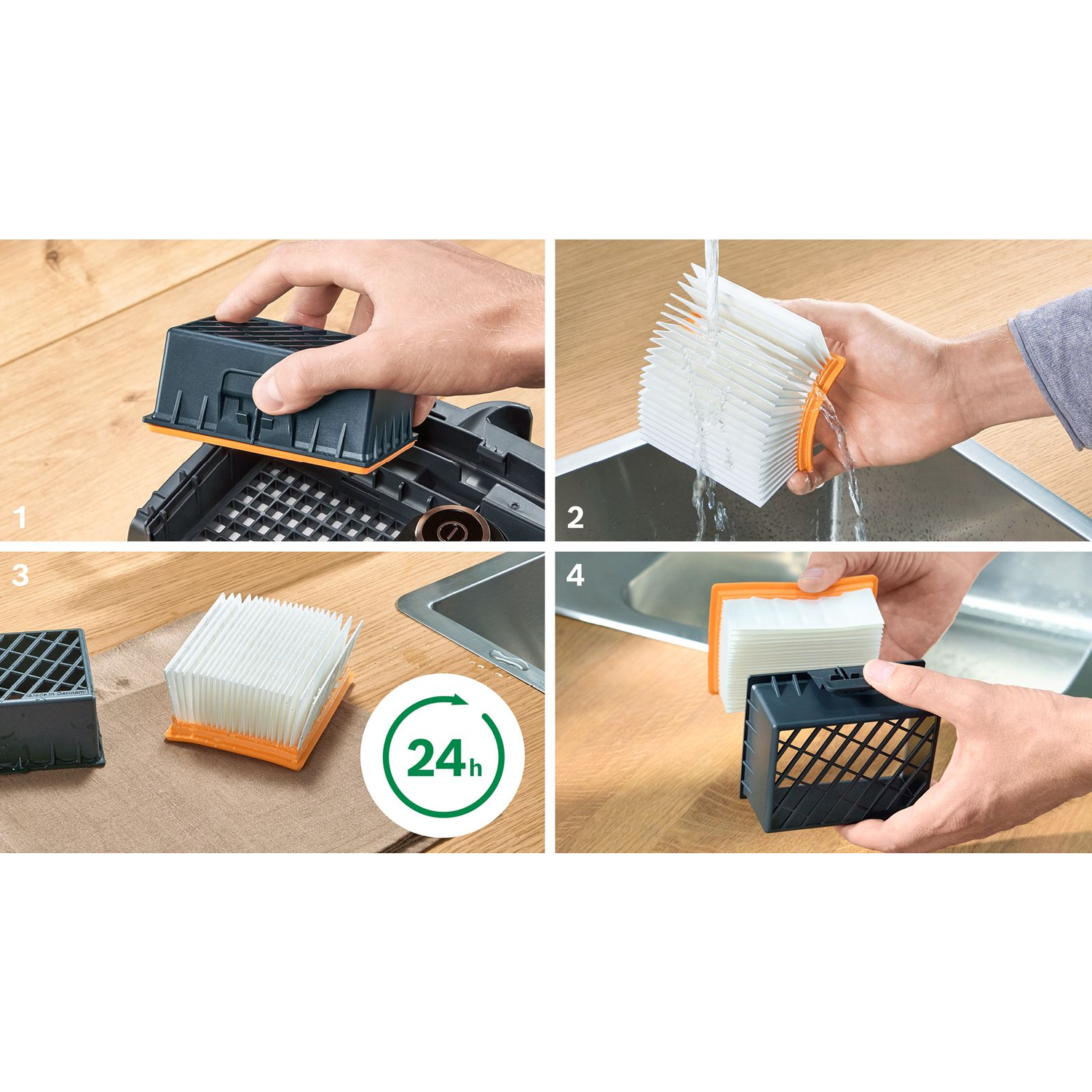 Four images showing the process of cleaning a vacuum cleaner filter.