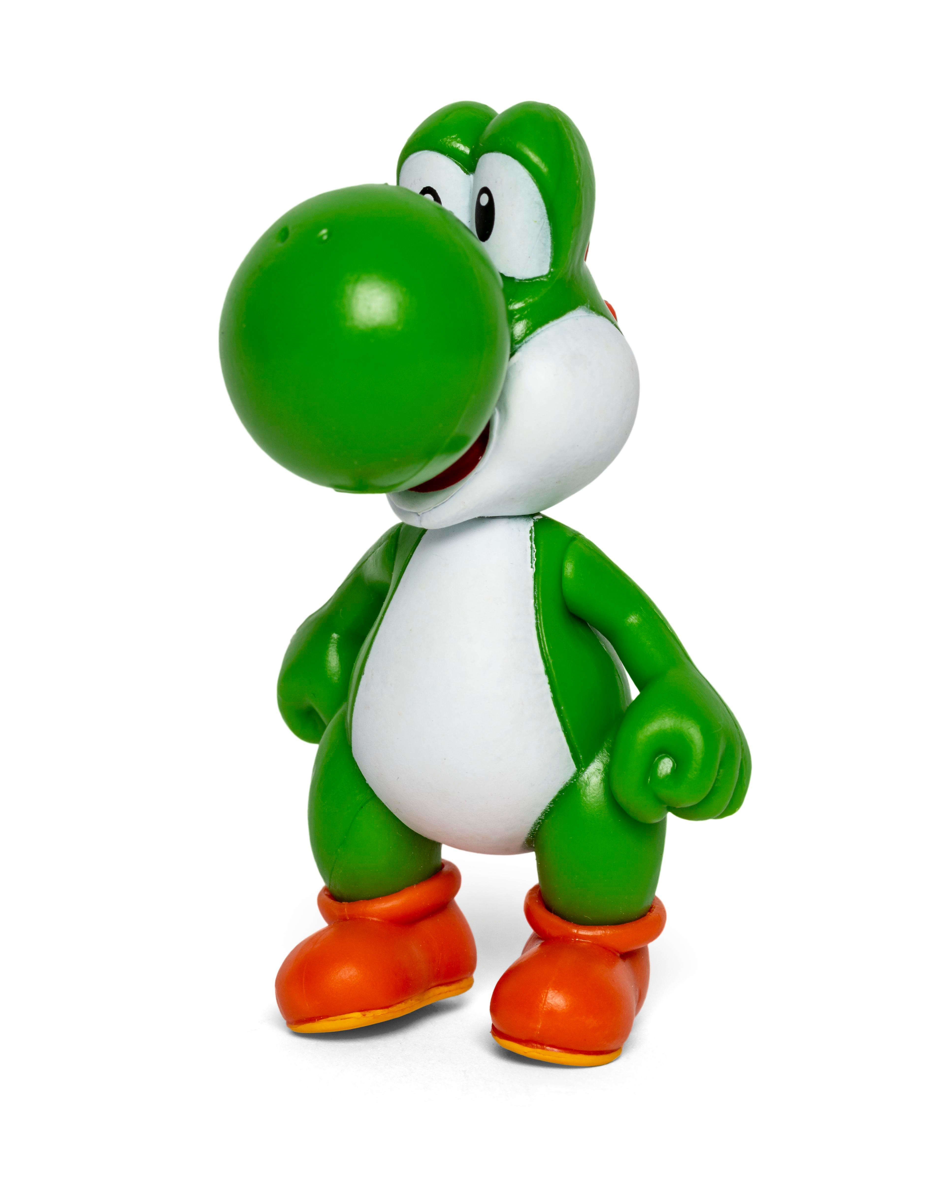 Yoshi-Spielfigur, grün, weißer Bauch, rote Schuhe, auf weißem Hintergrund.