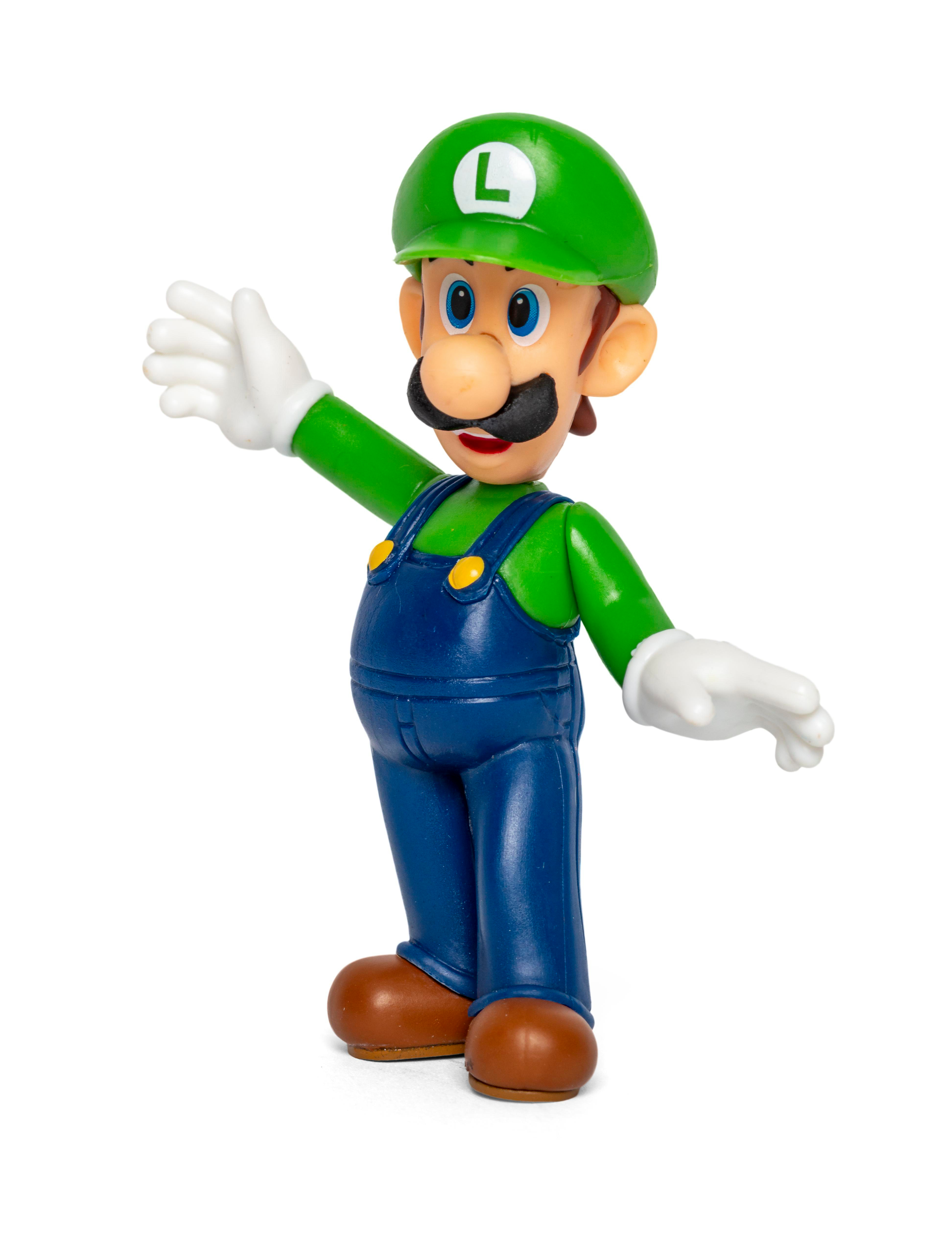 Luigi, eine grün gekleidete Zeichentrickfigur, winkt. Blaue Latzhose, weiße Handschuhe und grüner Hut.