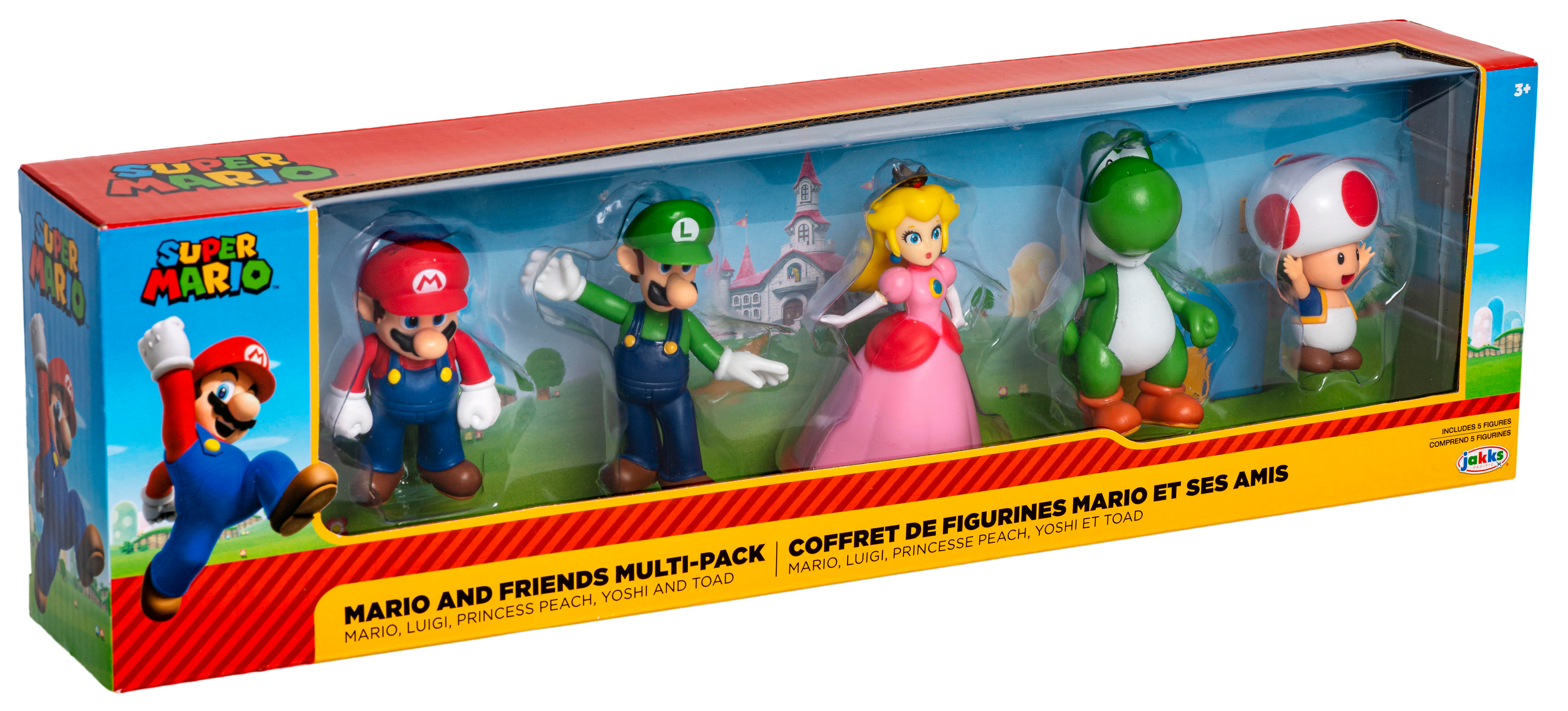 Ein Super Mario Spielzeugset mit Mario, Luigi, Peach, Yoshi und Toad in einer Verpackung.