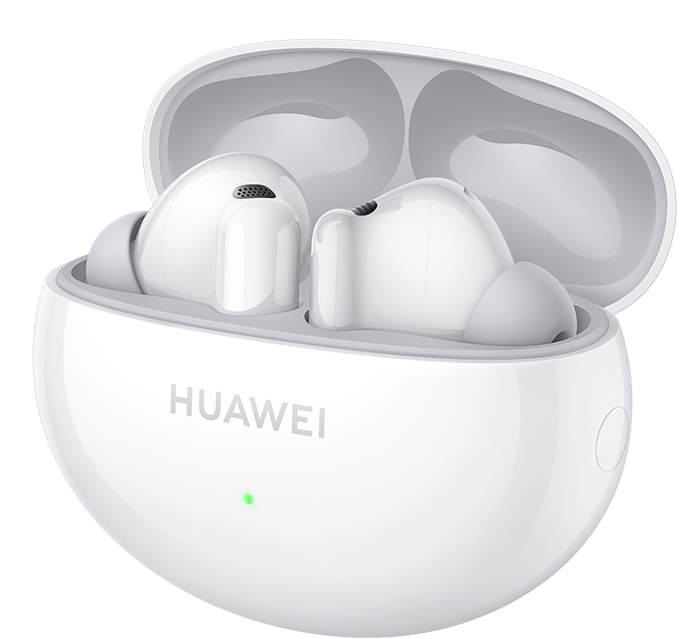 Białe bezprzewodowe słuchawki douszne w etui ładującym. Etui jest otwarte, pokazując słuchawki w środku.