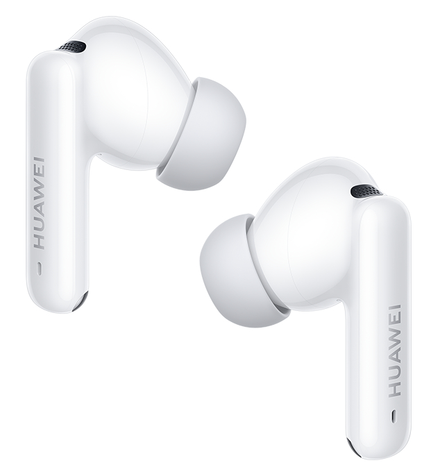 Dwa białe słuchawki Huawei. Każda ma trzon z nadrukowaną nazwą marki.