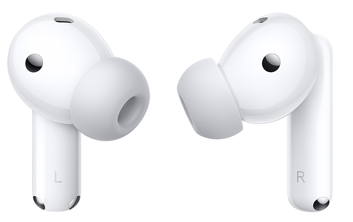 Dwa białe słuchawki, oznaczone 'L' i 'R', lekko pochylone. Białe tło.