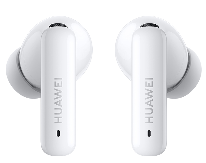 Dwa białe bezprzewodowe słuchawki. Nazwa marki HUAWEI jest wydrukowana na każdym słuchawce.