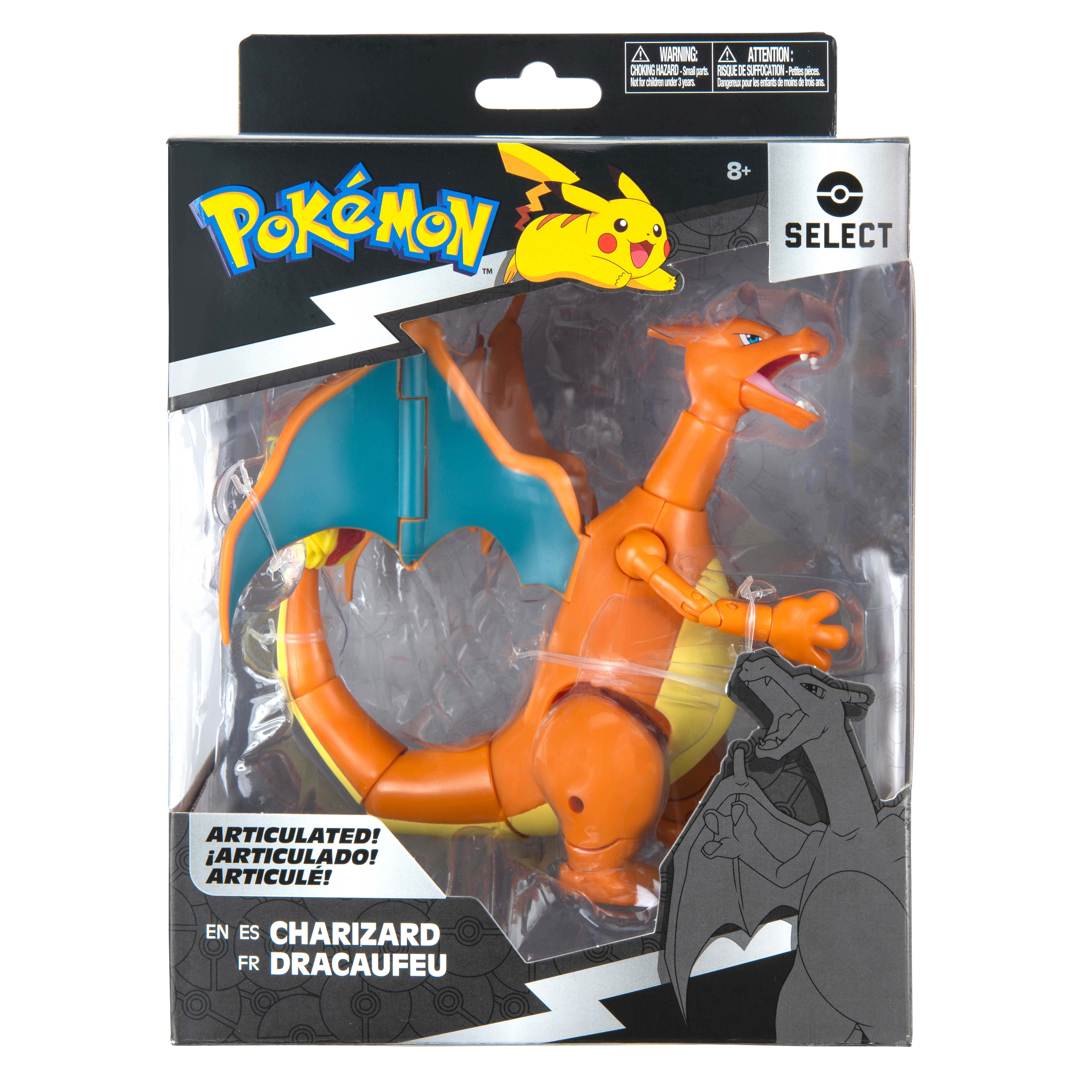 Pokemon Charizard Actionfigur in einer Box, mit orange und blauen Farben.