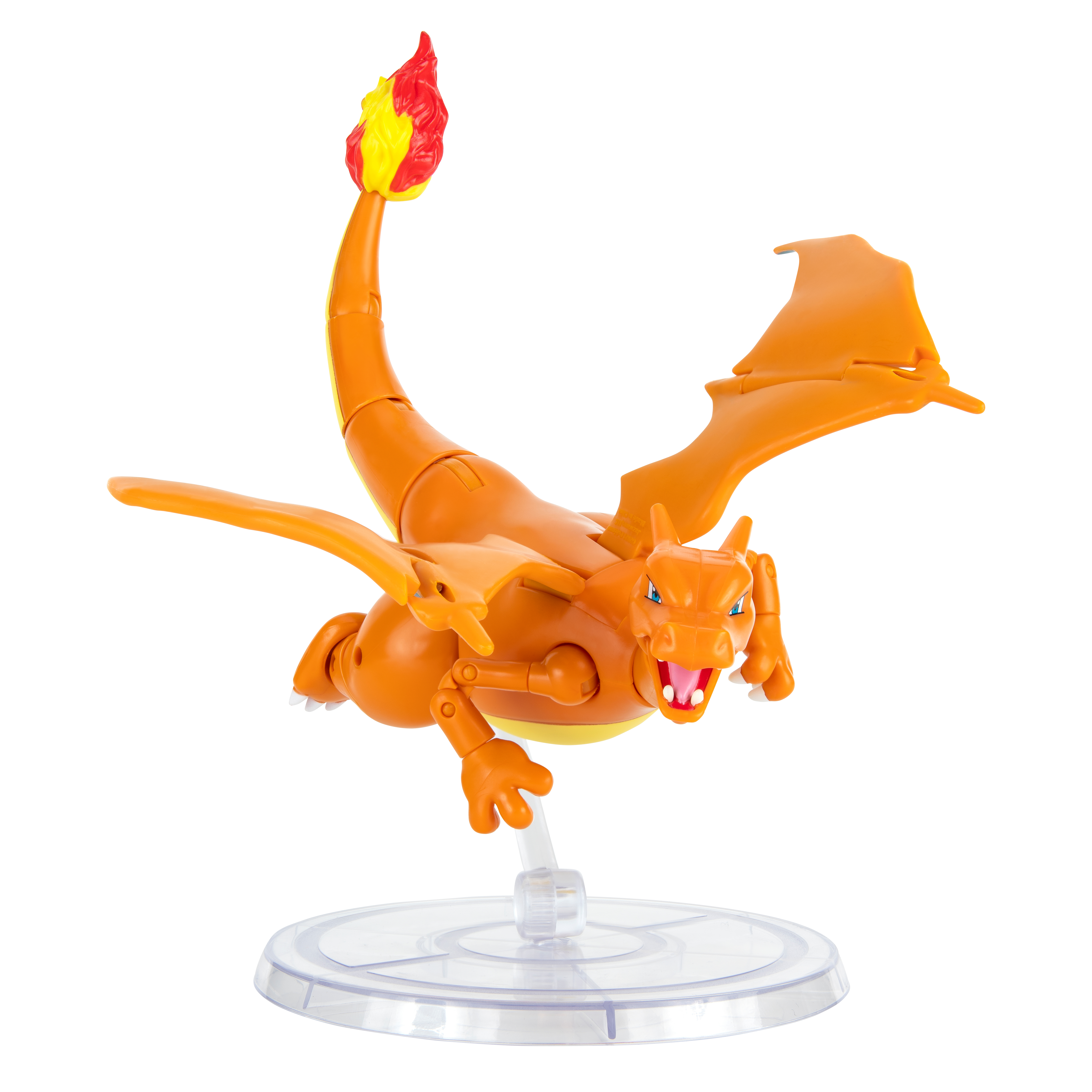 Charizard-Figur im Flug, mit orangefarbenen und gelben Details, auf einem Ständer.