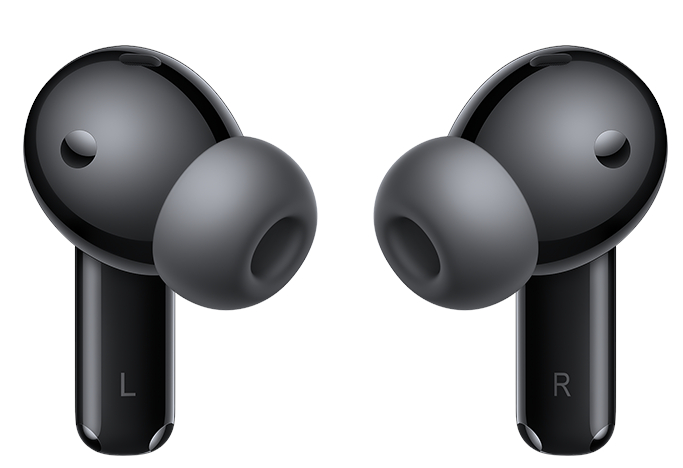 Dwa czarne bezprzewodowe słuchawki, z oznaczeniami 'L' i 'R', wyizolowane.