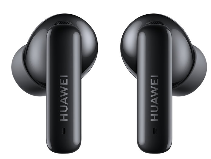 Dwa czarne słuchawki Huawei na białym tle. Elegancki, nowoczesny design.