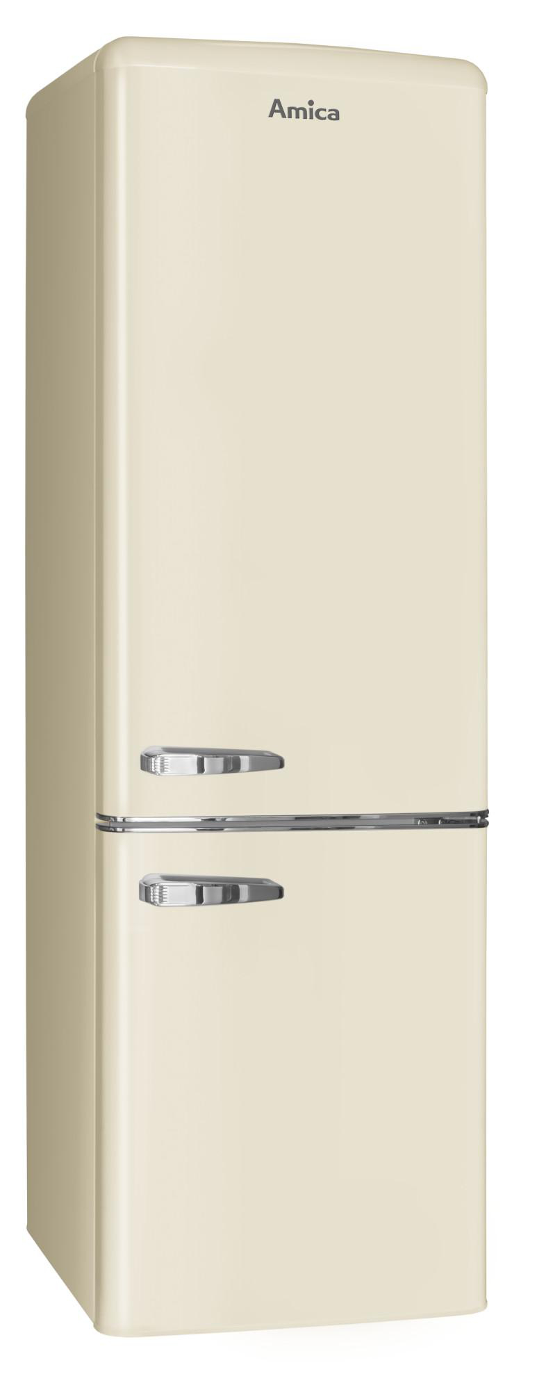 Ein cremefarbener Amica Kühlschrank. Er ist hoch und hat zwei Türen mit Chromgriffen.