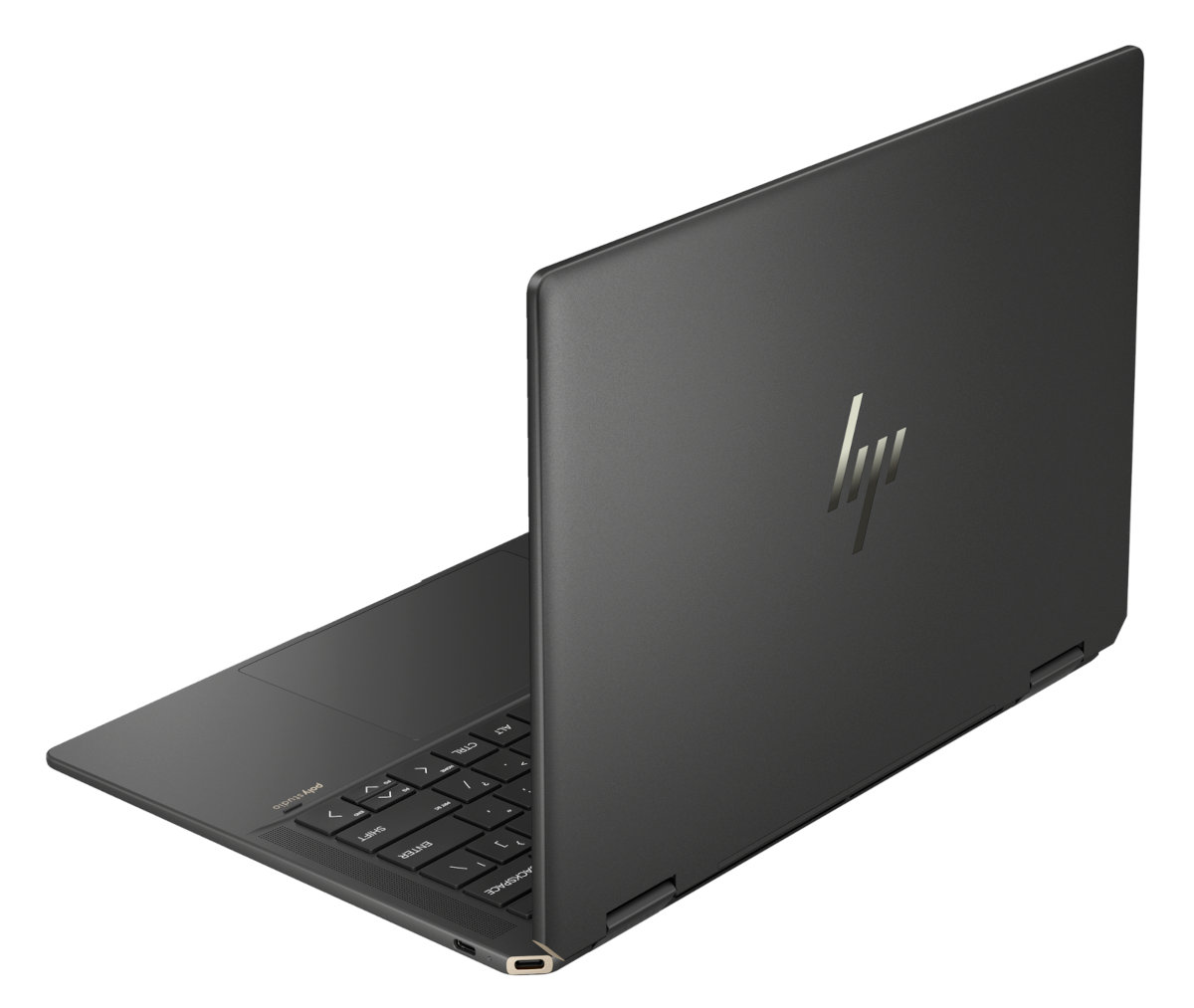 Czarny laptop, lekko otwarty, z widocznym logo HP. Tło jest białe.