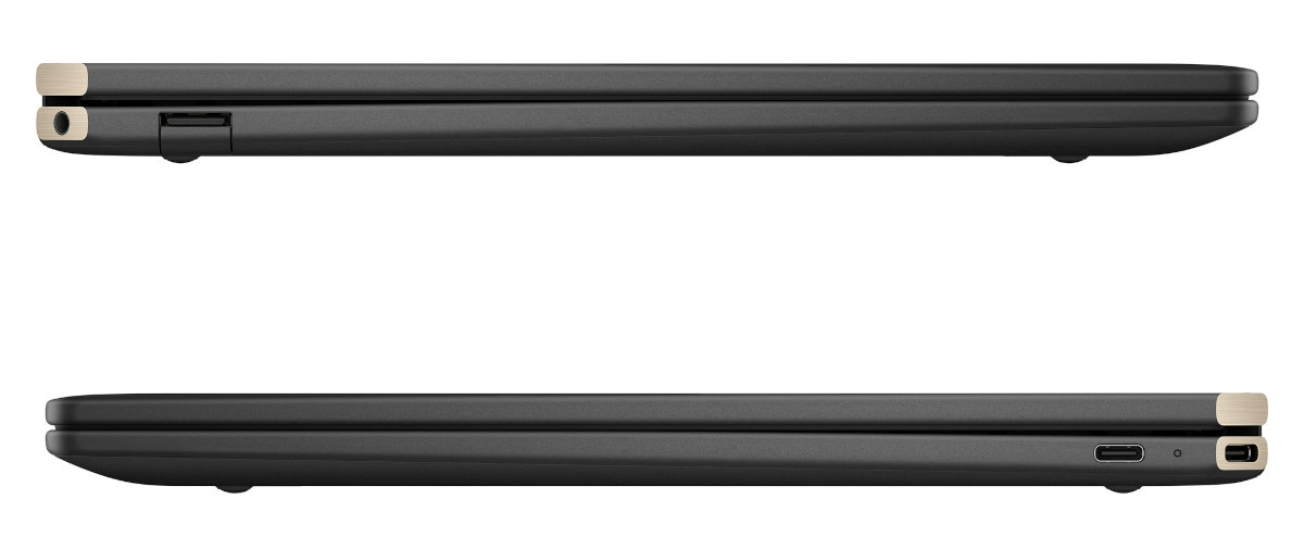 Dwa widoki z boku zamkniętego czarnego laptopa ze złotymi akcentami. Laptop ma porty USB i audio.