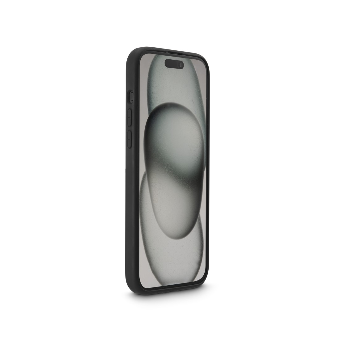 Schwarzes Telefon in einer Hülle. Der Bildschirm zeigt ein verschwommenes Bild. Winkelansicht.
