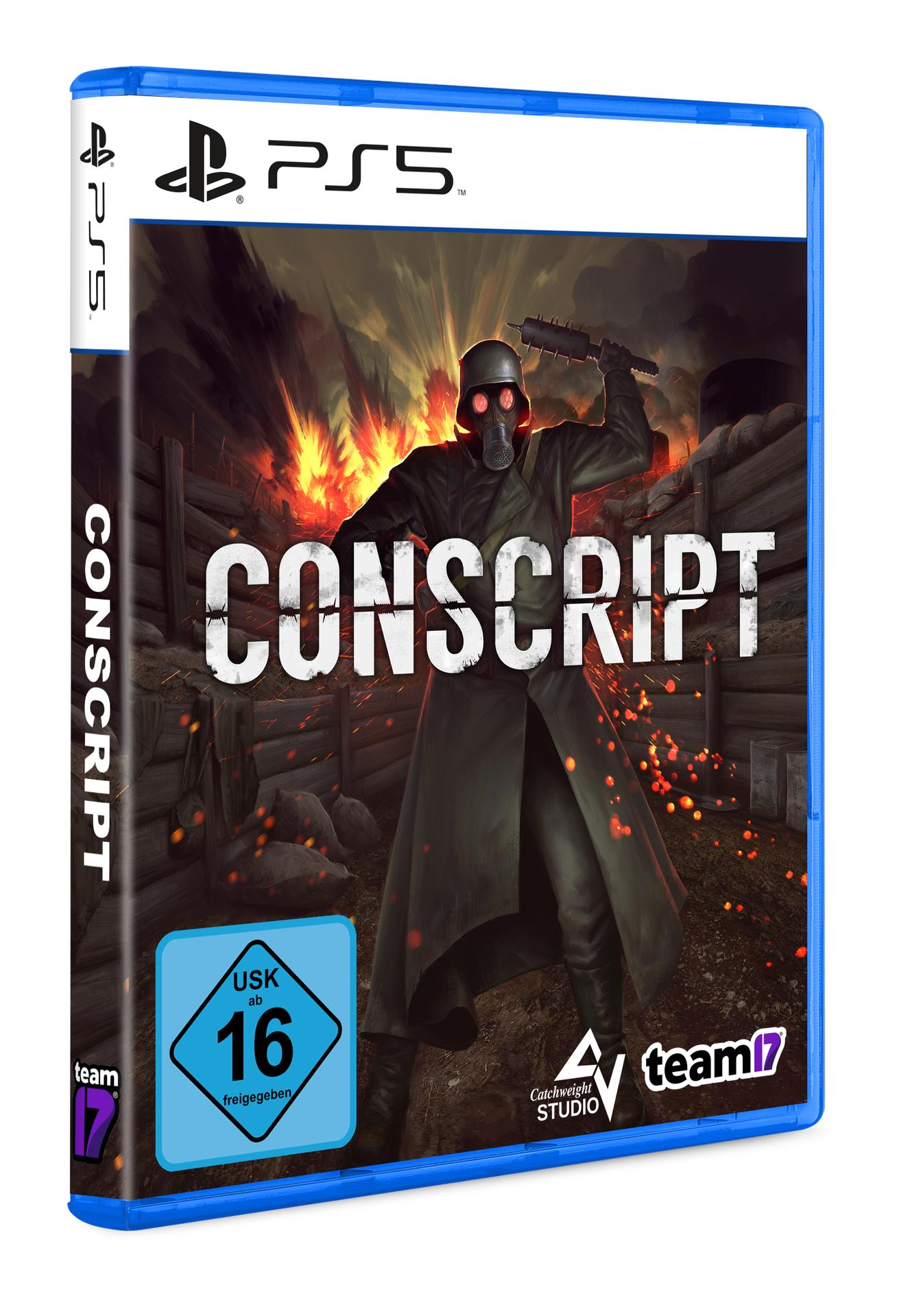 PS5-Spielbox. Sie zeigt einen Soldaten im Graben, Feuer und den Titel: CONSCRIPT.
