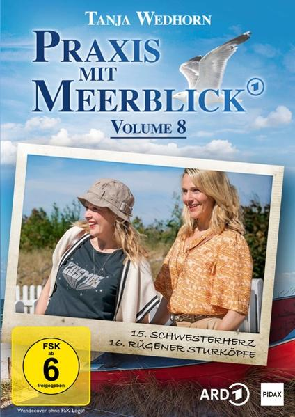 DVD-Cover mit zwei Frauen, Strandszene, Text: 'Praxis mit Meerblick Volume 8'.