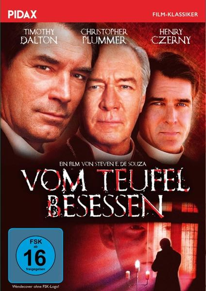 DVD-Cover von 'Vom Teufel Besessen' mit drei Männern in Anzügen, einem Kircheninneren und einem 'FSK 16'-Logo.