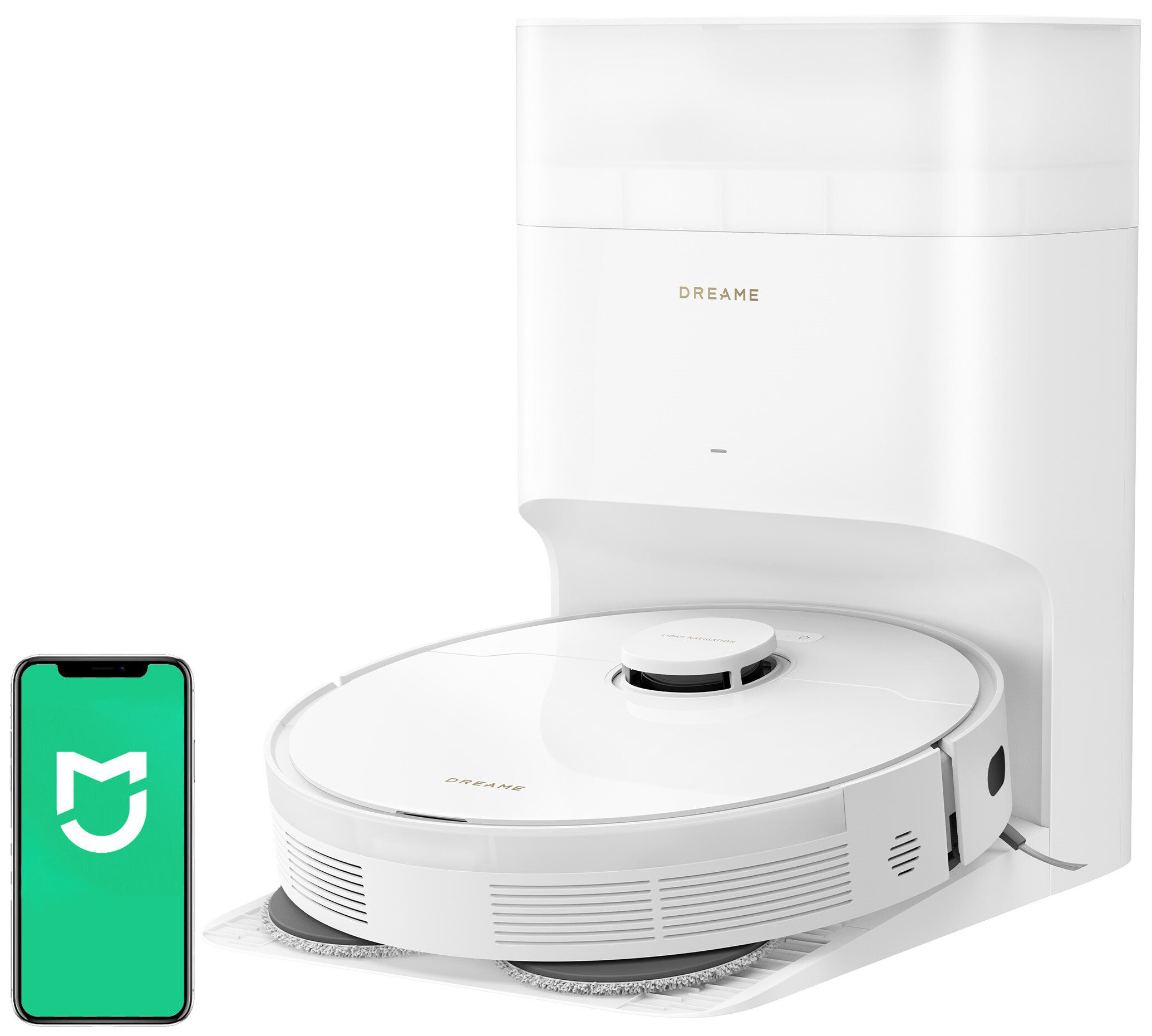 Biały odkurzacz automatyczny ze stacją ładującą. Po lewej stronie smartfon z aplikacją Mi Home.