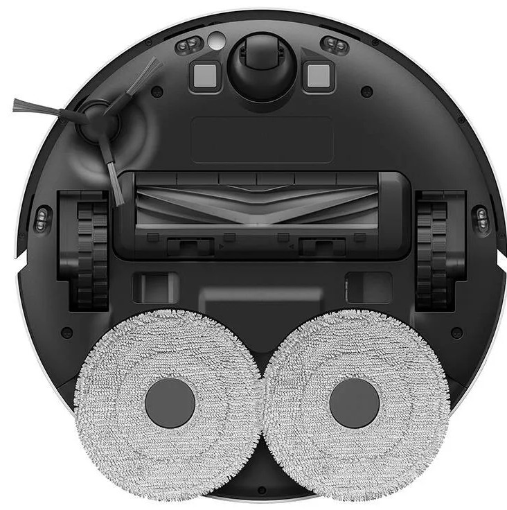 Robot odkurzający, widok od spodu. Posiada szczotki, koła i nakładki czyszczące.