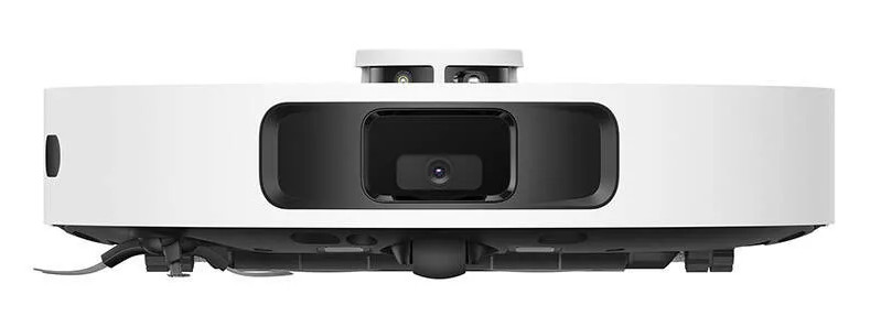 Biały odkurzacz automatyczny, widok z góry. Ma czujniki i kamerę.