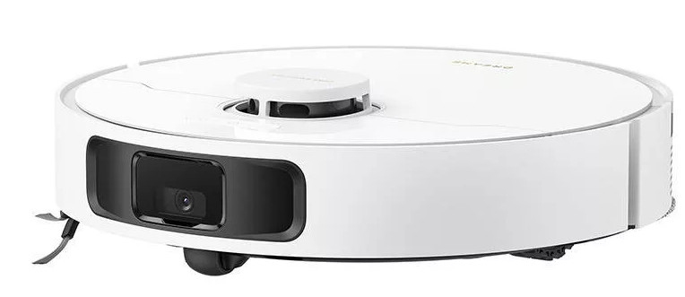 Biało-czarny robot sprzątający. Widoczna kamera i czujniki. Wyizolowany na białym tle.