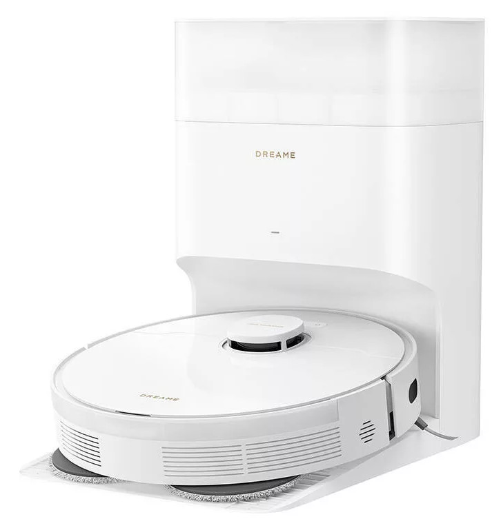 Biały odkurzacz robot z stacją ładującą. Odkurzacz jest okrągły z czarnym blatem.