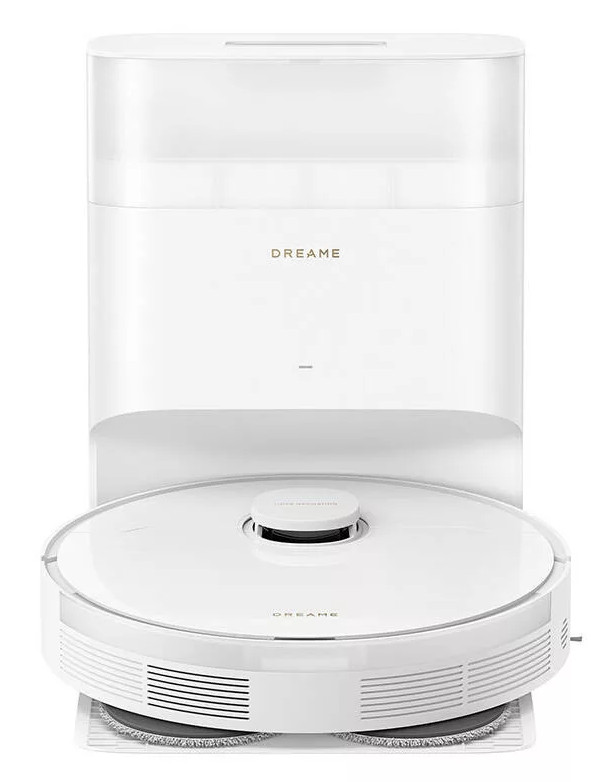 Biały odkurzacz robot Dreame i stacja ładująca, pokazujące wygląd urządzenia.