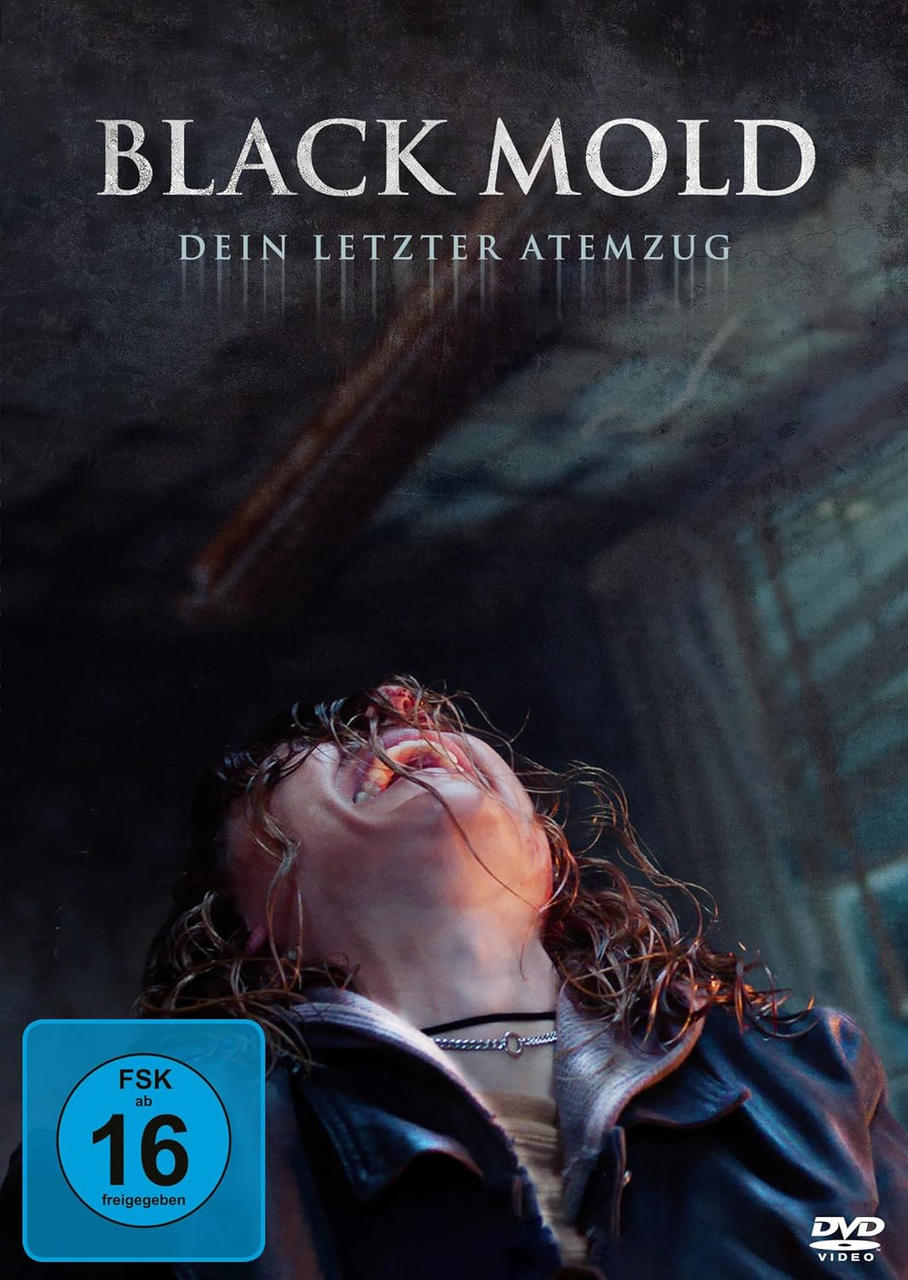 Filmposter 'Black Mold'. Eine Frau, die nach oben schaut, Mund offen, mit Text auf Deutsch.