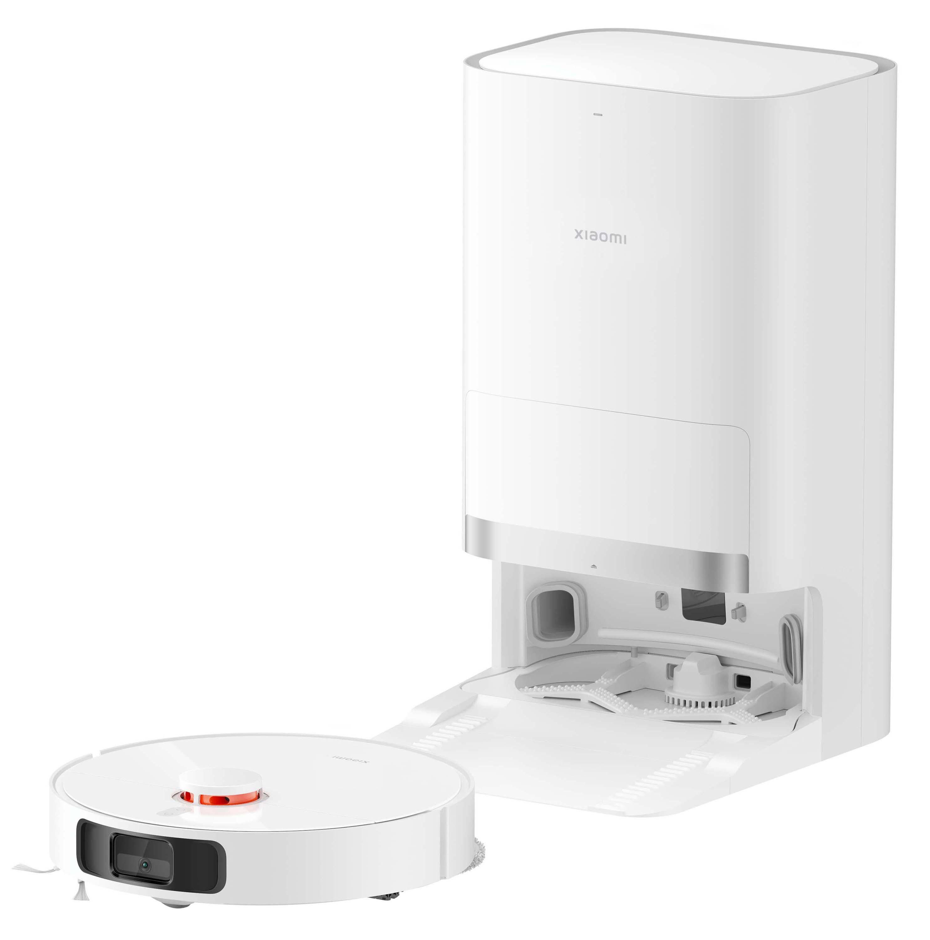 Biały odkurzacz robot z stacją ładującą, na białym tle. Odkurzacz jest okrągły.