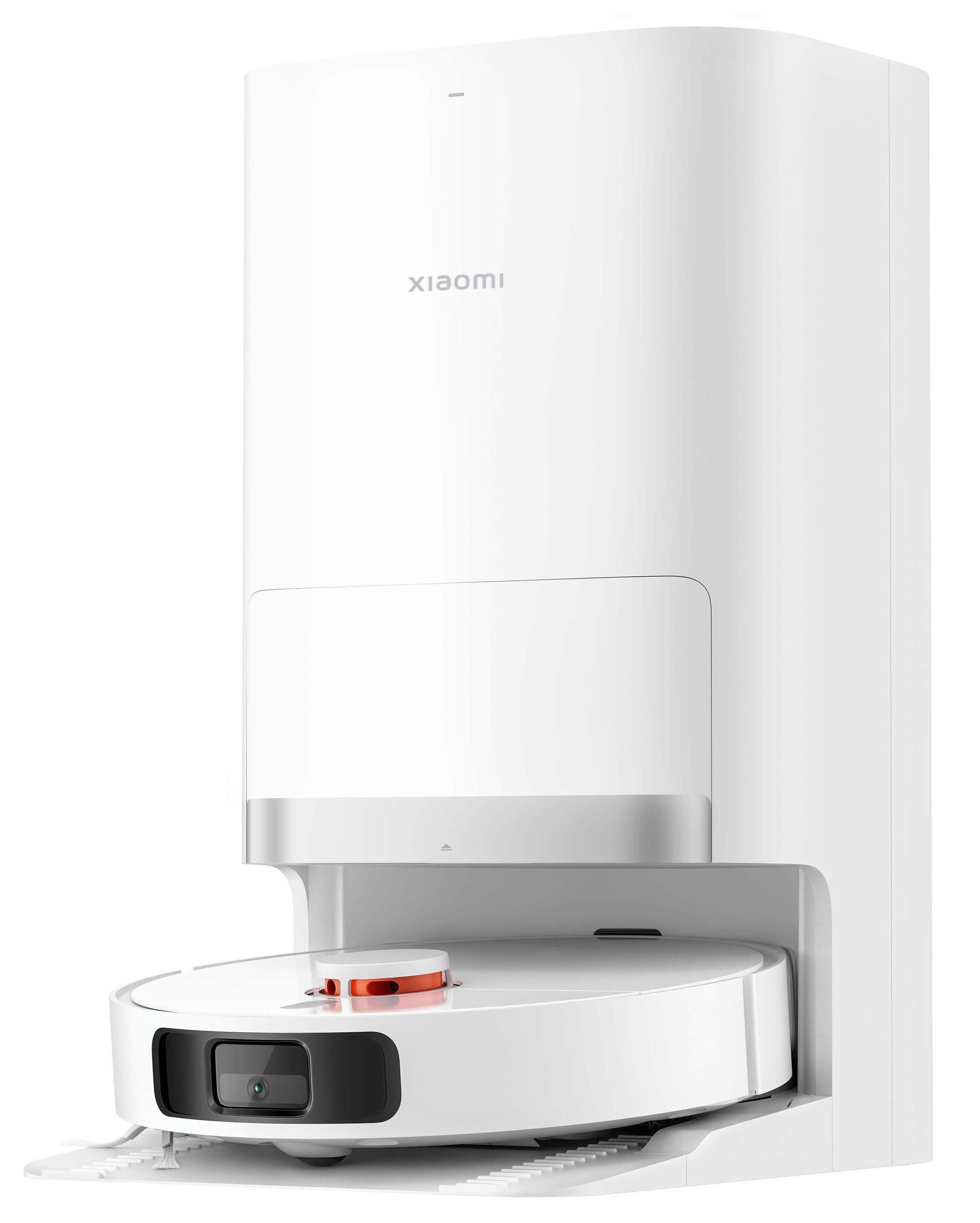 Biały odkurzacz automatyczny Xiaomi ze stacją ładującą na białym tle.