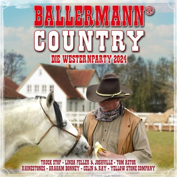 Ein Cowboy mit weißem Pferd und Frau. Der Text lautet 'Ballermann Country'.