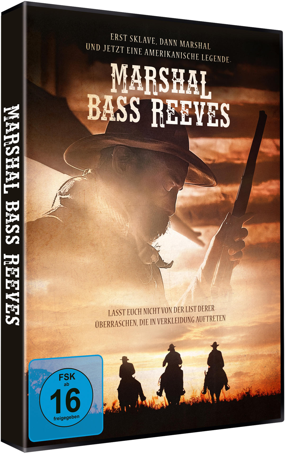 DVD-Cover: Mann mit Hut und Gewehr, Titel: Marshal Bass Reeves. Hintergrund: Reiter auf Pferden.
