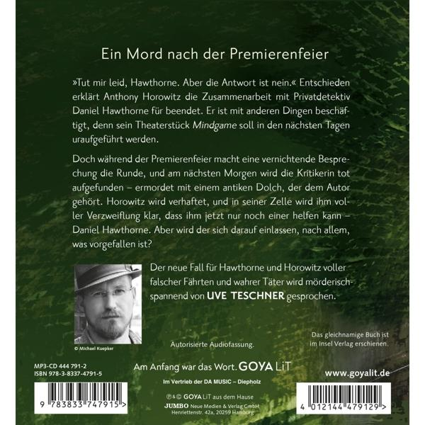 Buchcover mit Text, Portrait und Logos, Werbung für Hörbücher.