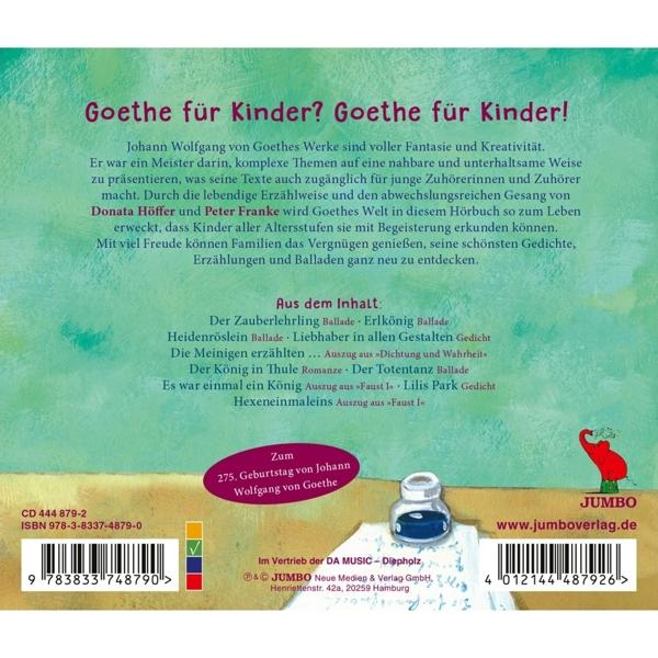 Buchcover mit dem Titel 'Goethe für Kinder'. Bild enthält Text und eine kleine Illustration.