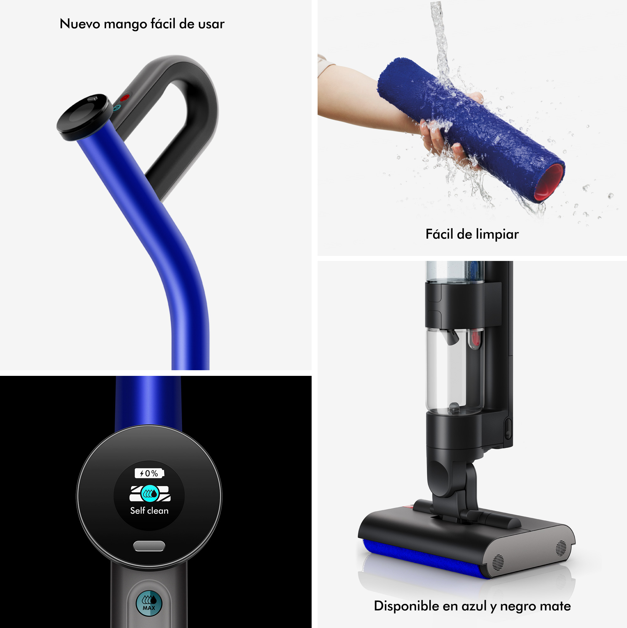 Componentes de aspiradora: mango, cabezal de limpieza, pantalla y aspiradora ensamblada. Colores azul y negro.