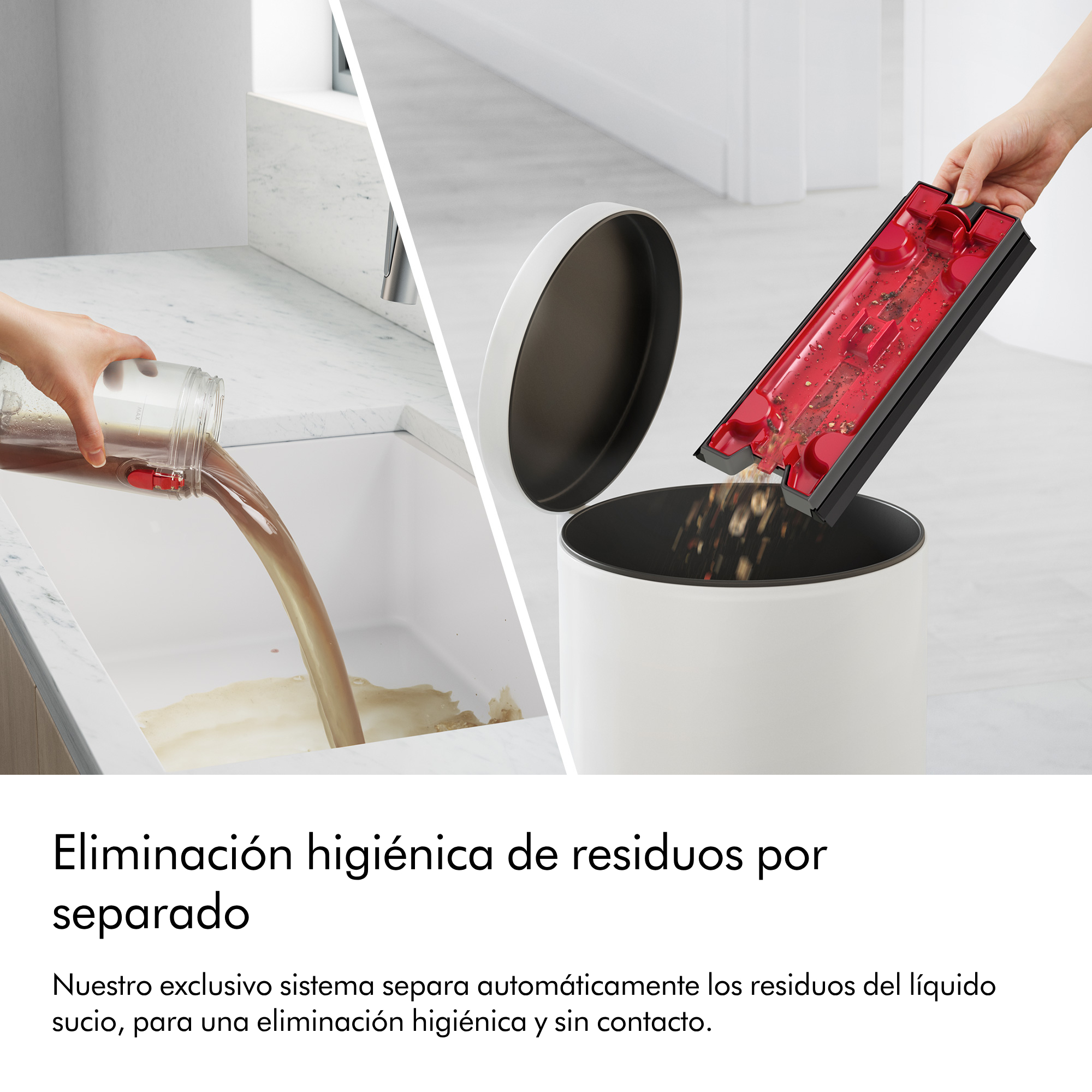 La imagen muestra el proceso de separación de residuos líquidos de un contenedor de basura.