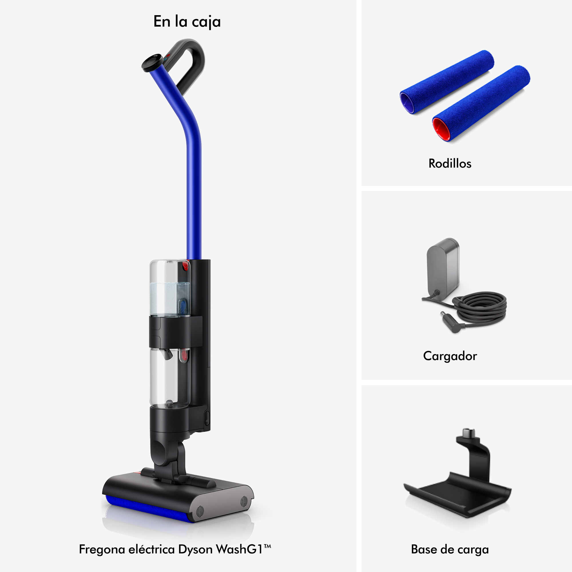 Una fregona eléctrica Dyson WashG1 con accesorios: rodillos, un cargador y una base de carga.
