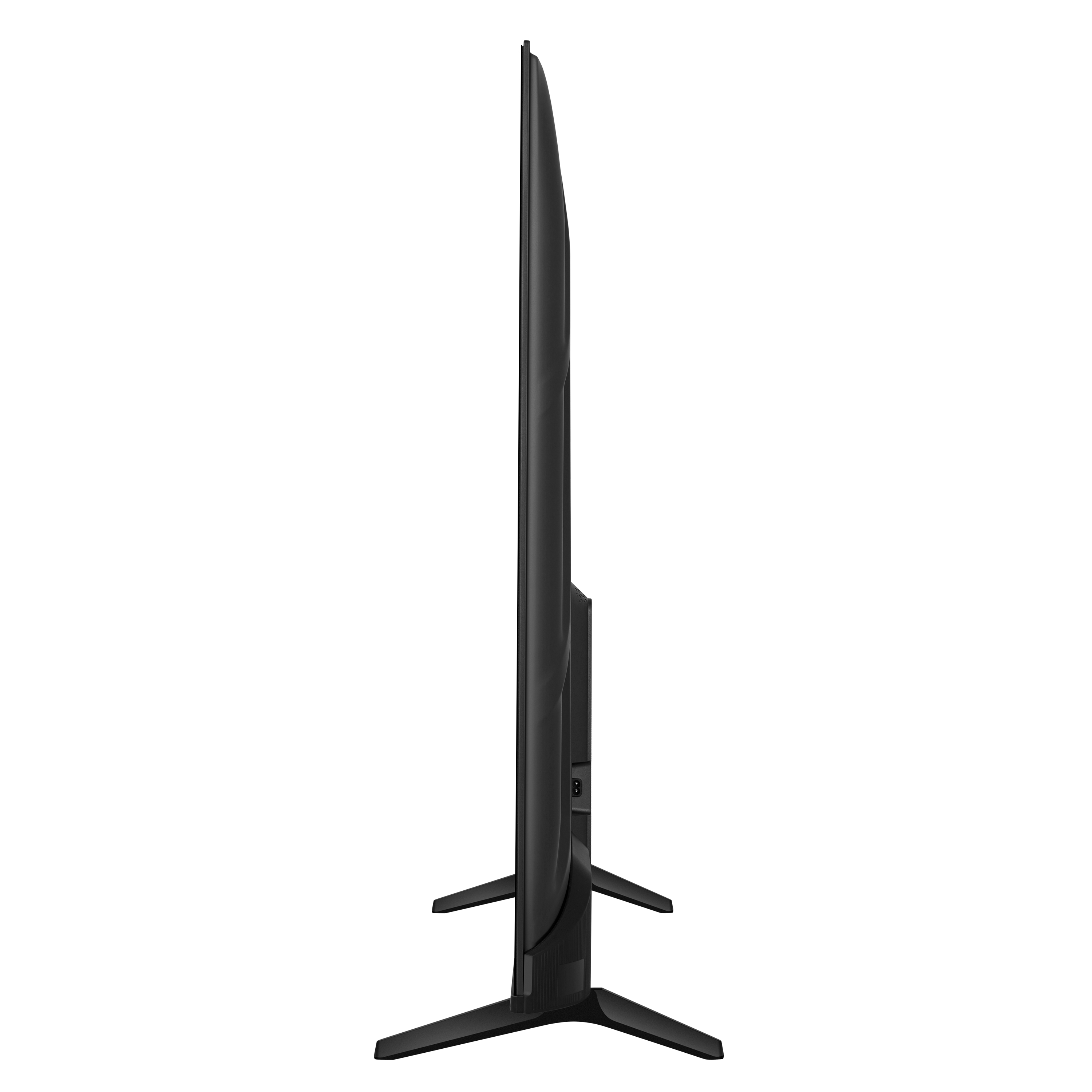 Schwarzer TV-Bildschirm im Profil. Dünnes, minimalistisches Design, mit Ständer.