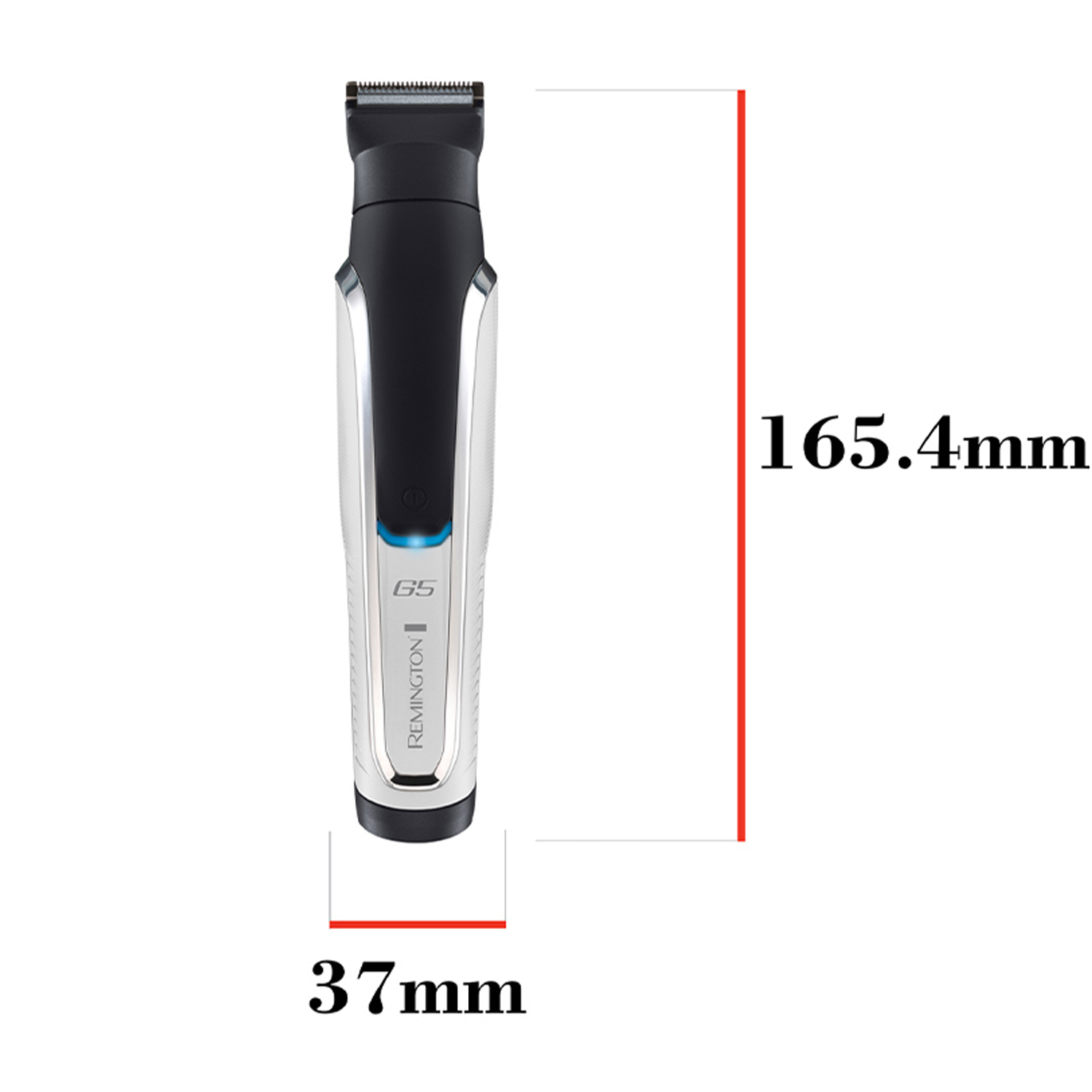 Trimmer Remington G5 nero e argento, con etichette di misurazione.