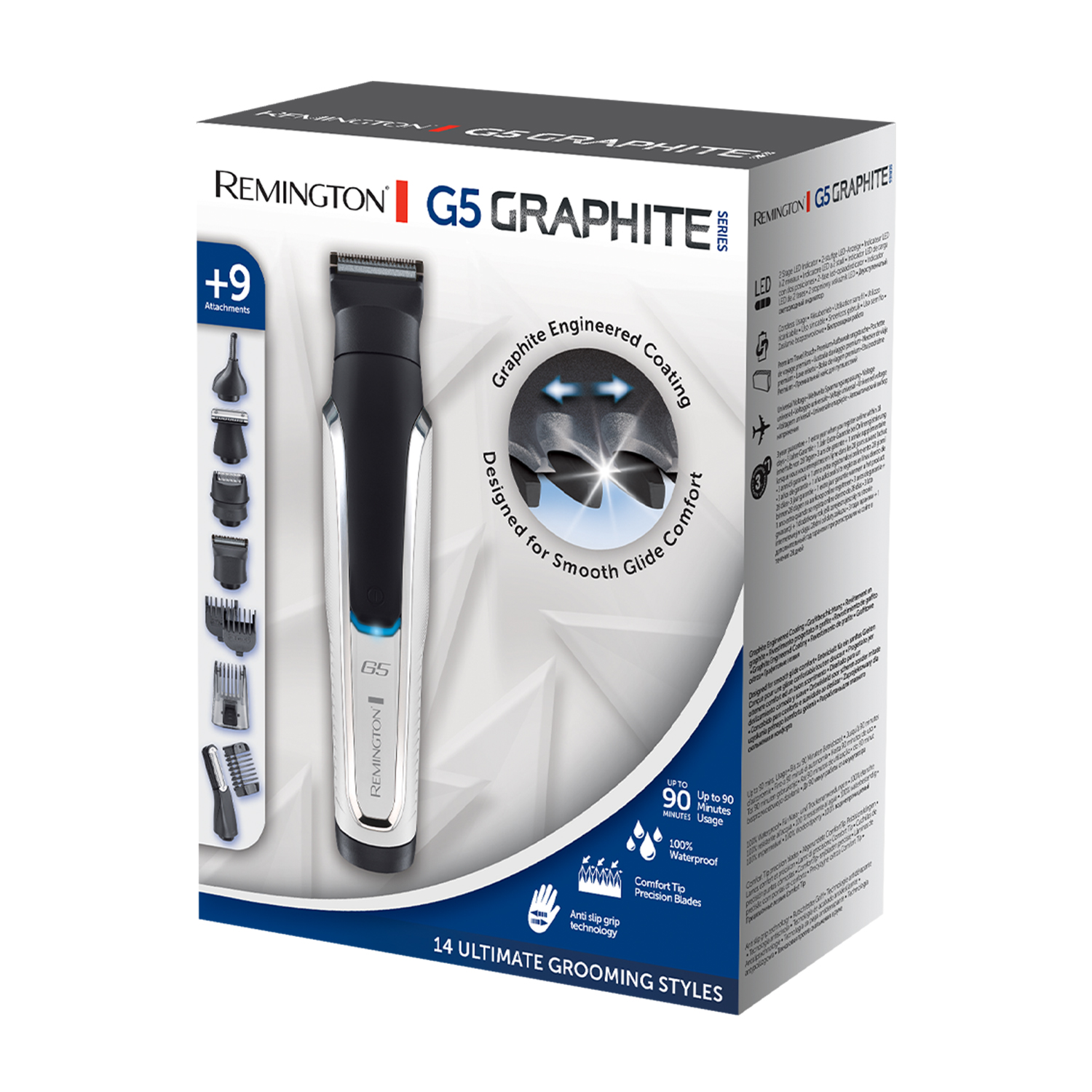 Scatola con un rifinitore Remington G5 Graphite Series nero e argento e accessori.