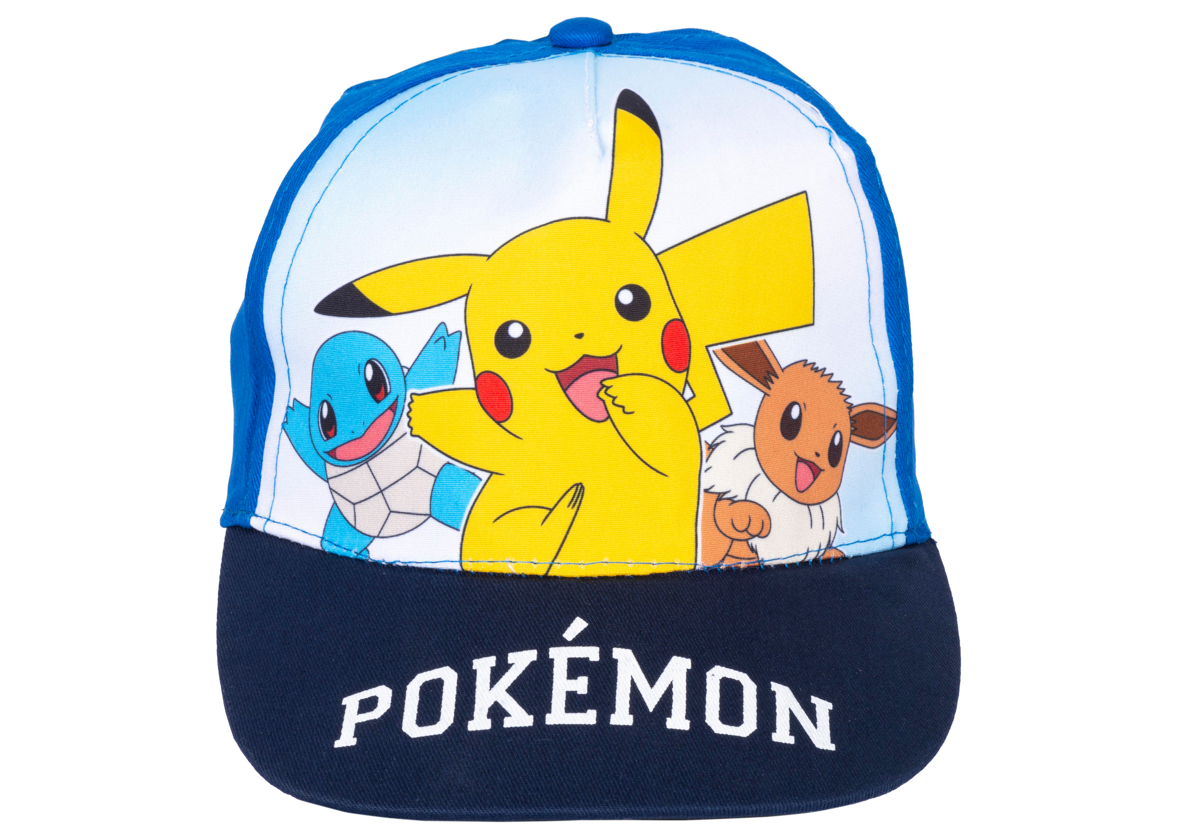 Eine Pokémon-Baseballkappe mit Pikachu, Schiggy und Evoli darauf.