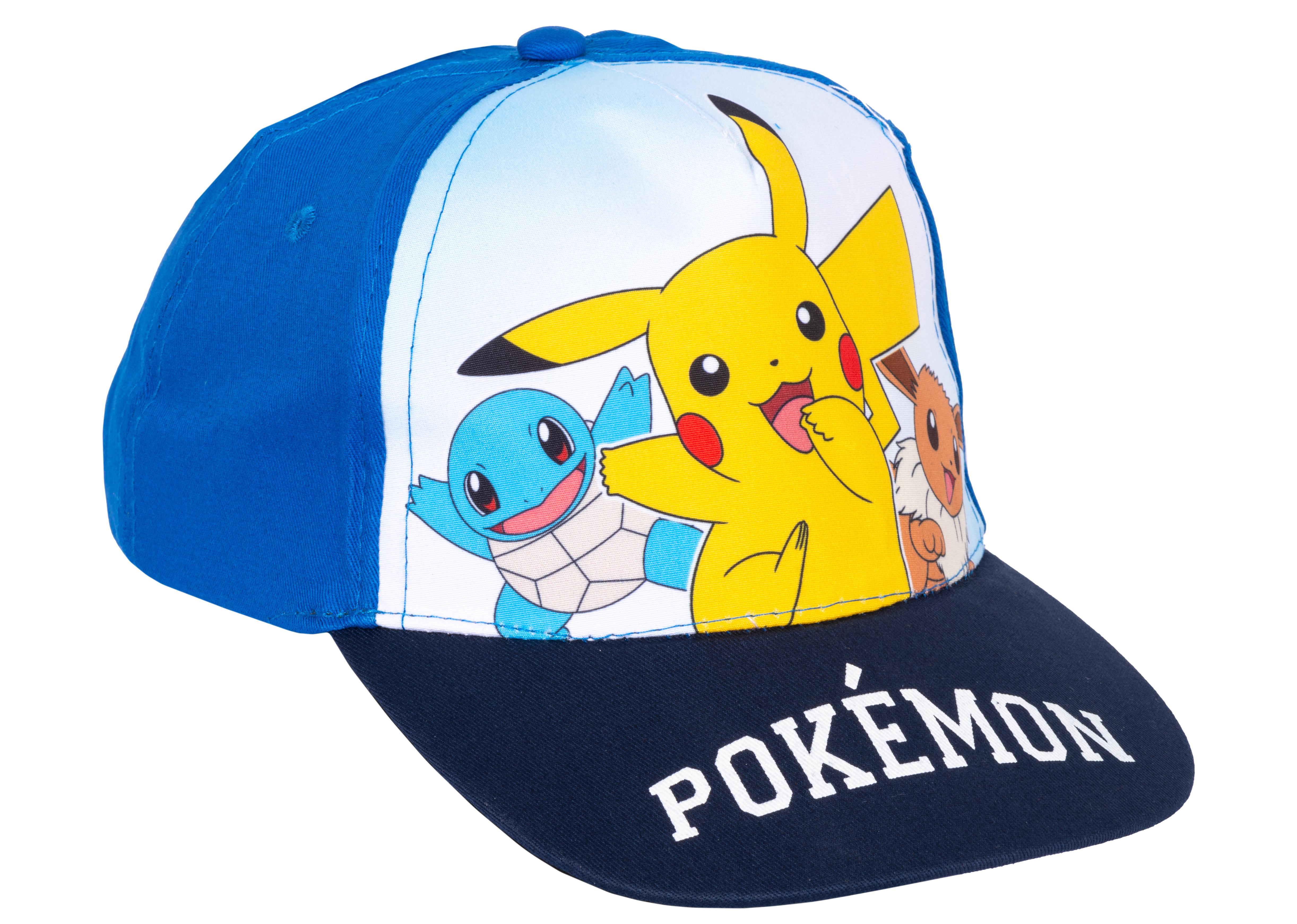 Eine blaue und weiße Pokémon-Baseballkappe. Pikachu, Schiggy und Evoli sind auf der Vorderseite abgebildet.