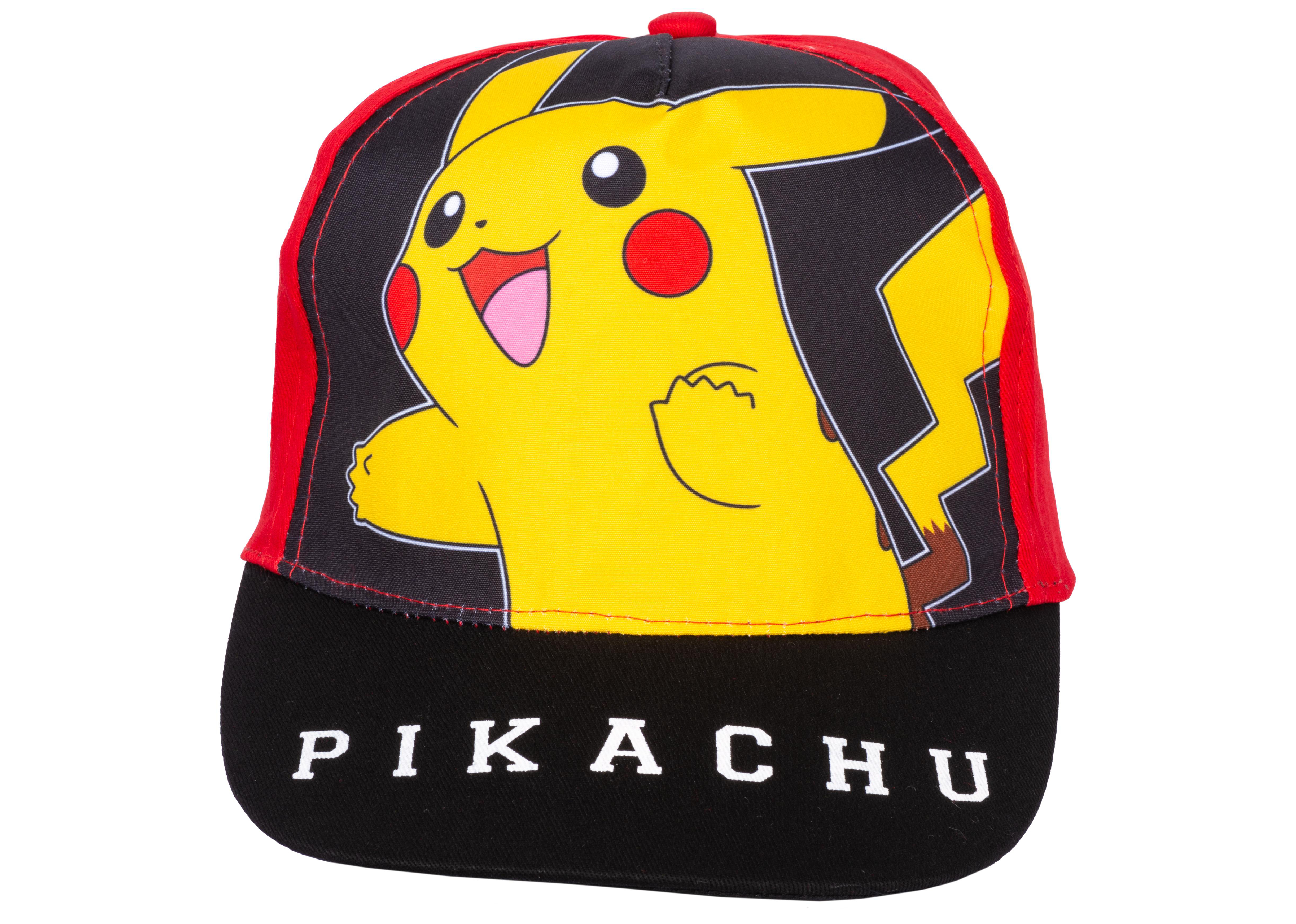 Pikachu-Baseballkappe, gelbes Gesicht, schwarze und rote Details, weiße Schrift. Weißer Hintergrund. Studioaufnahme.