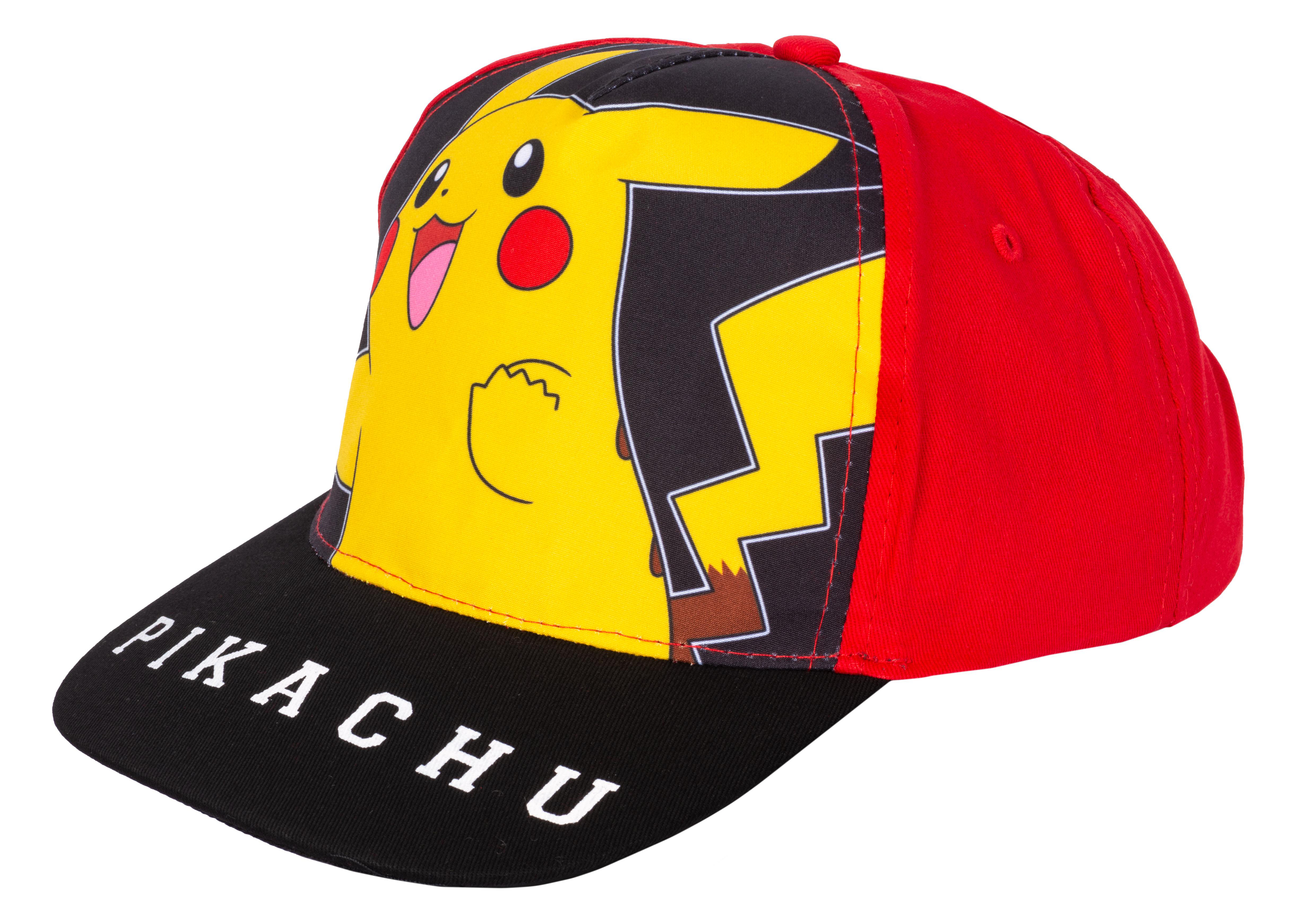 Pikachu Baseballkappe mit roter Vorderseite und Schirm, schwarzem Schirm. 'PIKACHU' steht auf dem Schirm.