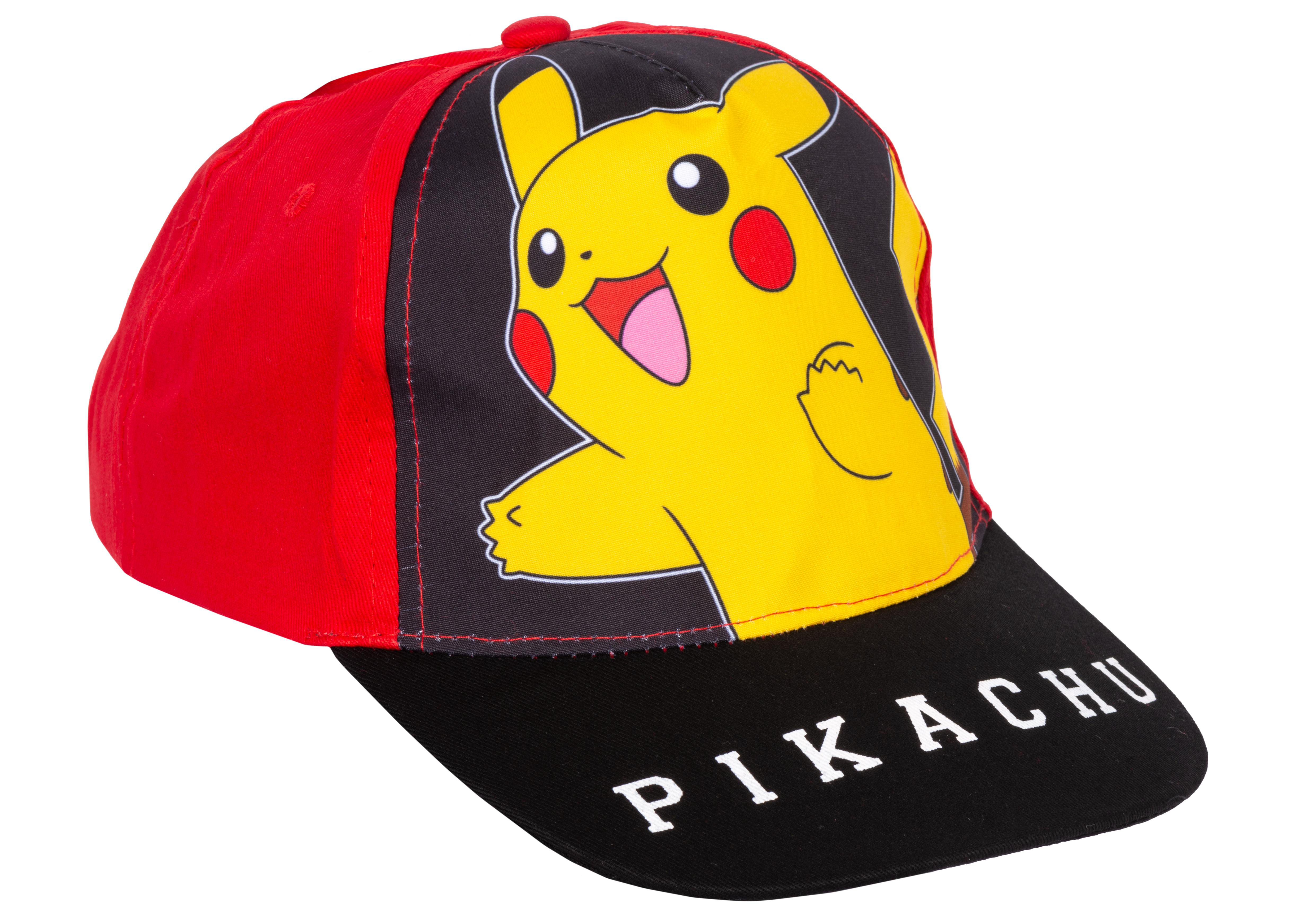Pikachu-Baseballkappe mit rotem Schirm und lächelndem Pikachu.