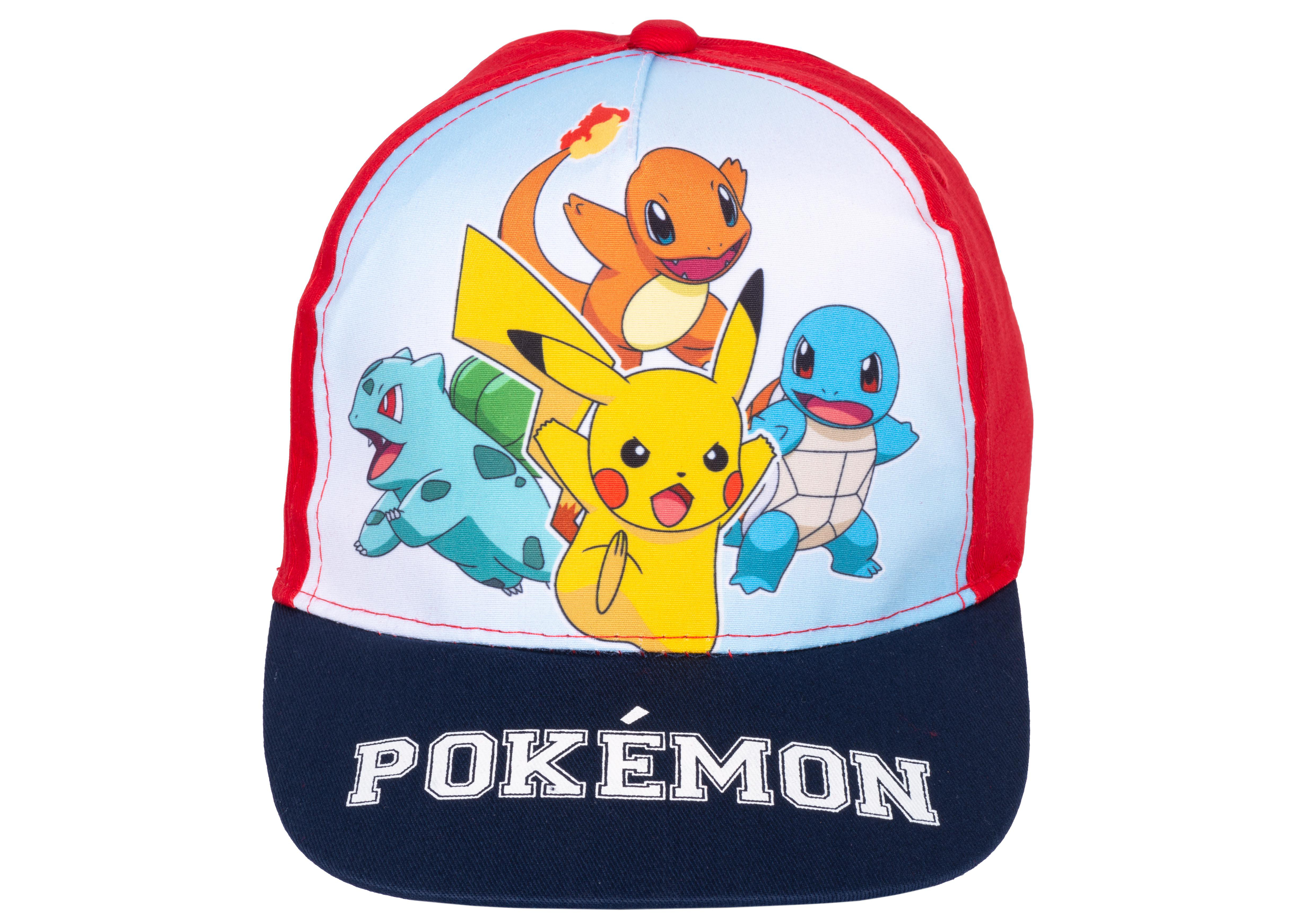 Eine Pokemon-Kappe mit Pikachu, Charmander, Schiggy und Bisasam. Der Schirm ist marineblau.